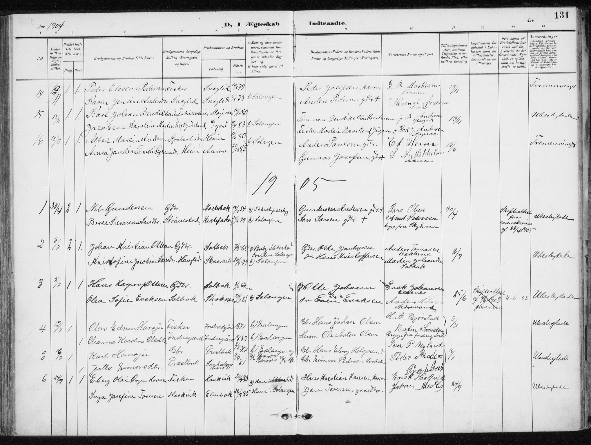 Salangen sokneprestembete, SATØ/S-1324/H/Ha/L0002kirke: Parish register (official) no. 2, 1902-1911, p. 131