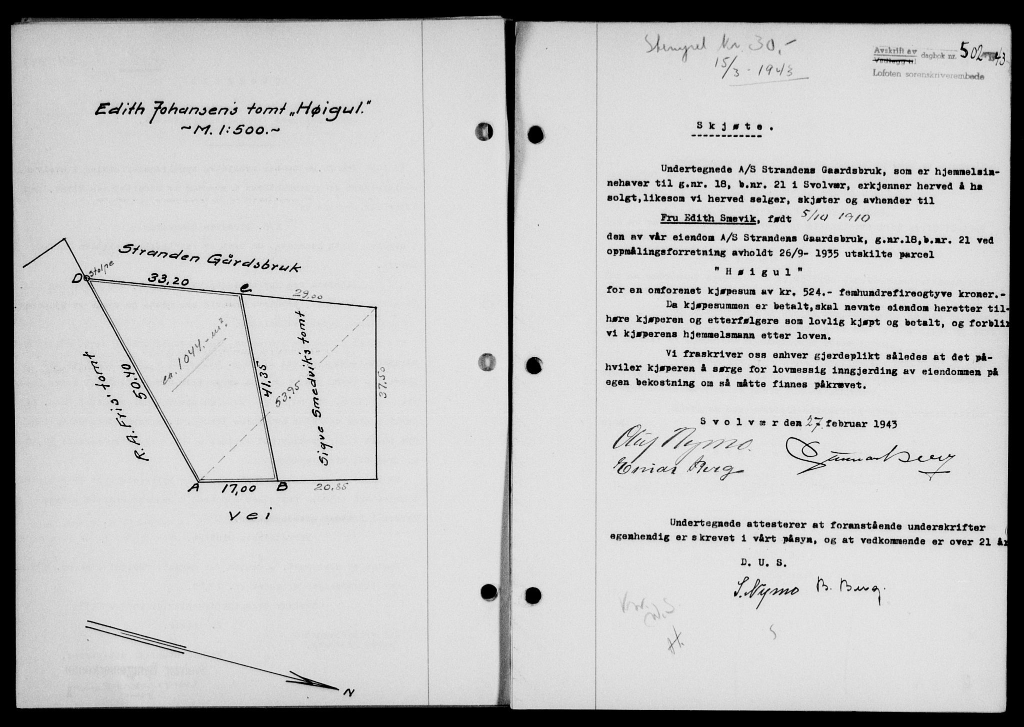 Lofoten sorenskriveri, SAT/A-0017/1/2/2C/L0011a: Mortgage book no. 11a, 1943-1943, Diary no: : 502/1943