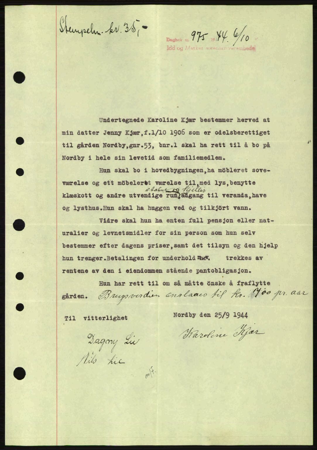 Idd og Marker sorenskriveri, AV/SAO-A-10283/G/Gb/Gbc/L0002: Mortgage book no. B4-9a, 1939-1945, Diary no: : 975/1944