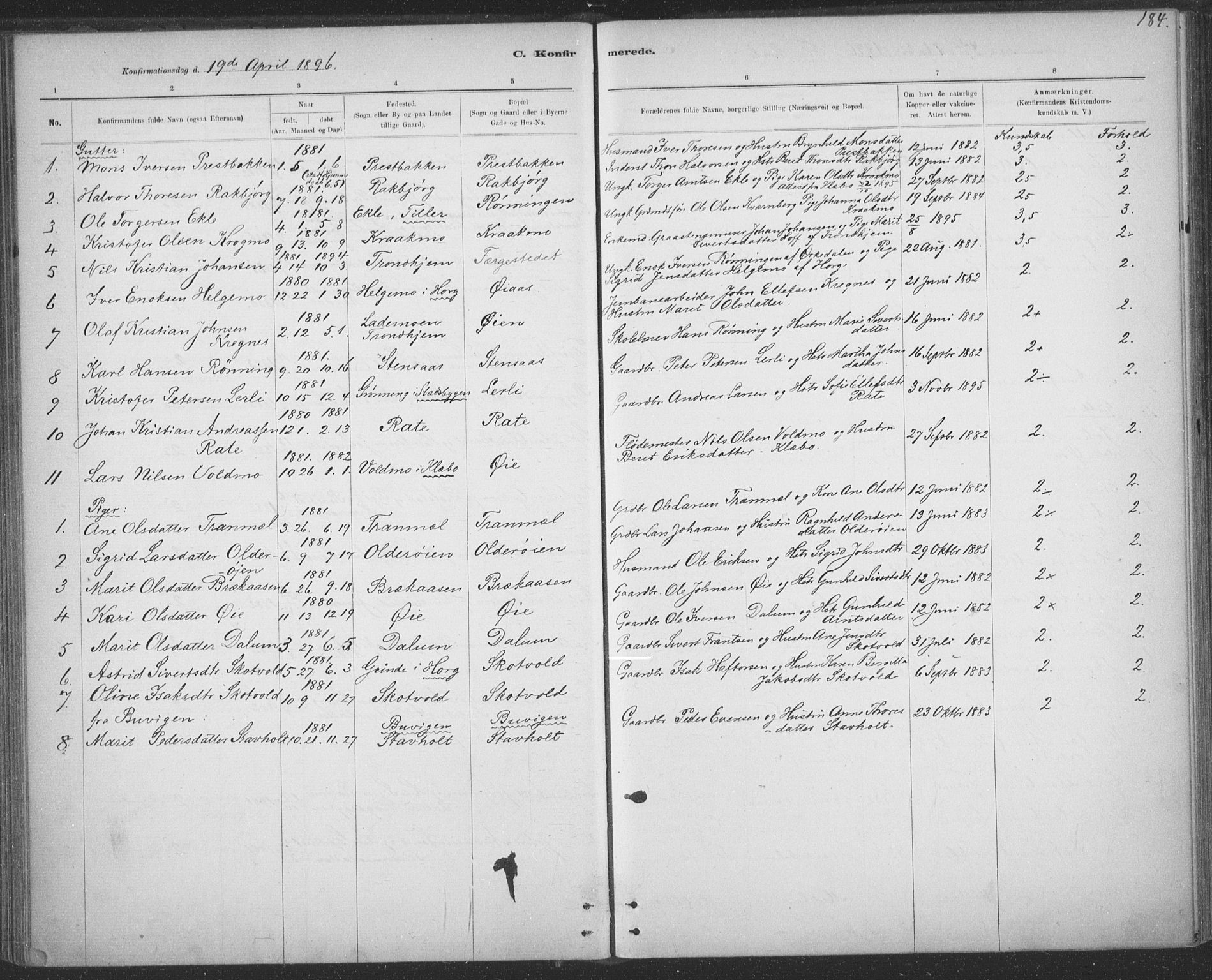 Ministerialprotokoller, klokkerbøker og fødselsregistre - Sør-Trøndelag, SAT/A-1456/691/L1085: Parish register (official) no. 691A17, 1887-1908, p. 184