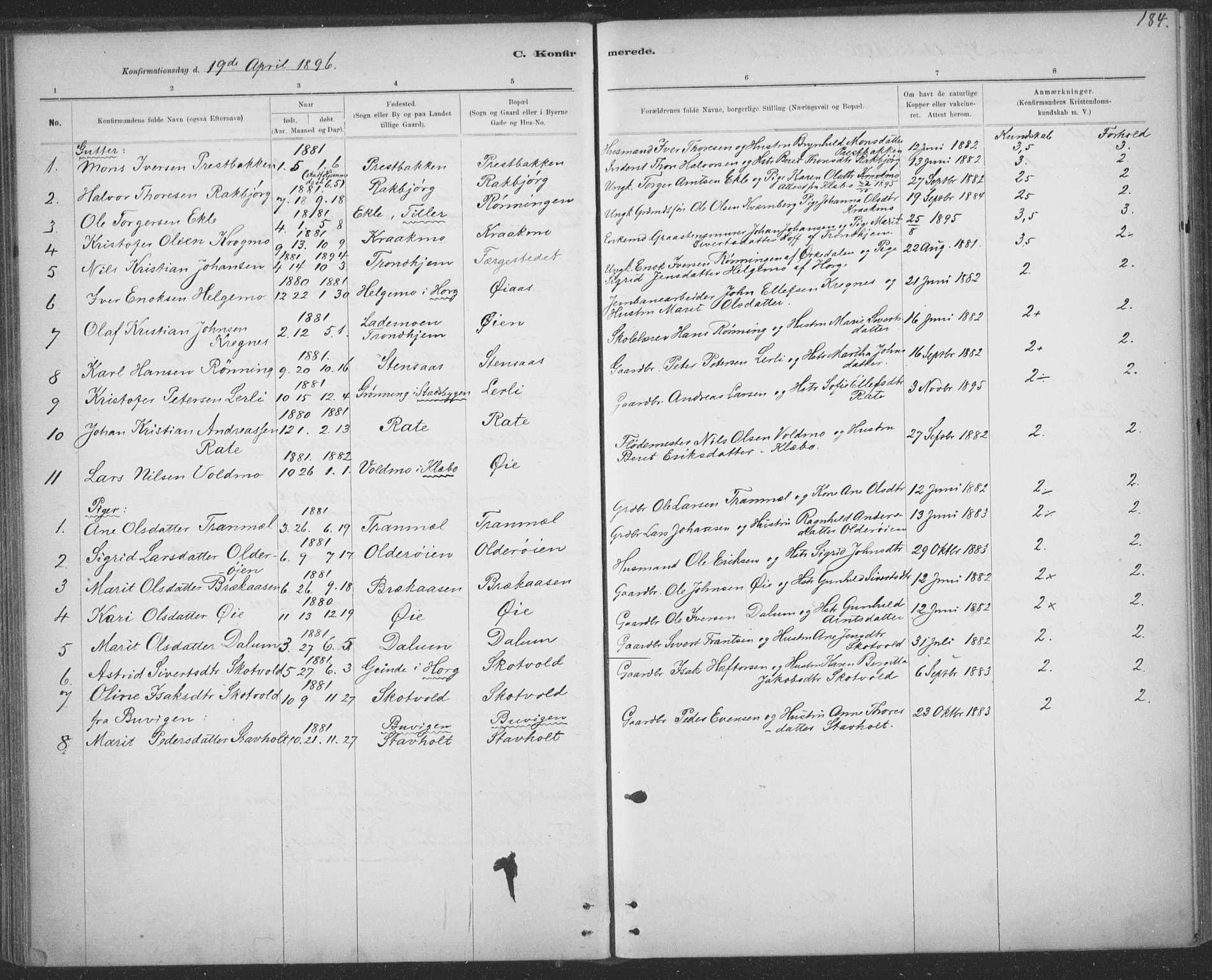 Ministerialprotokoller, klokkerbøker og fødselsregistre - Sør-Trøndelag, AV/SAT-A-1456/691/L1085: Parish register (official) no. 691A17, 1887-1908, p. 184