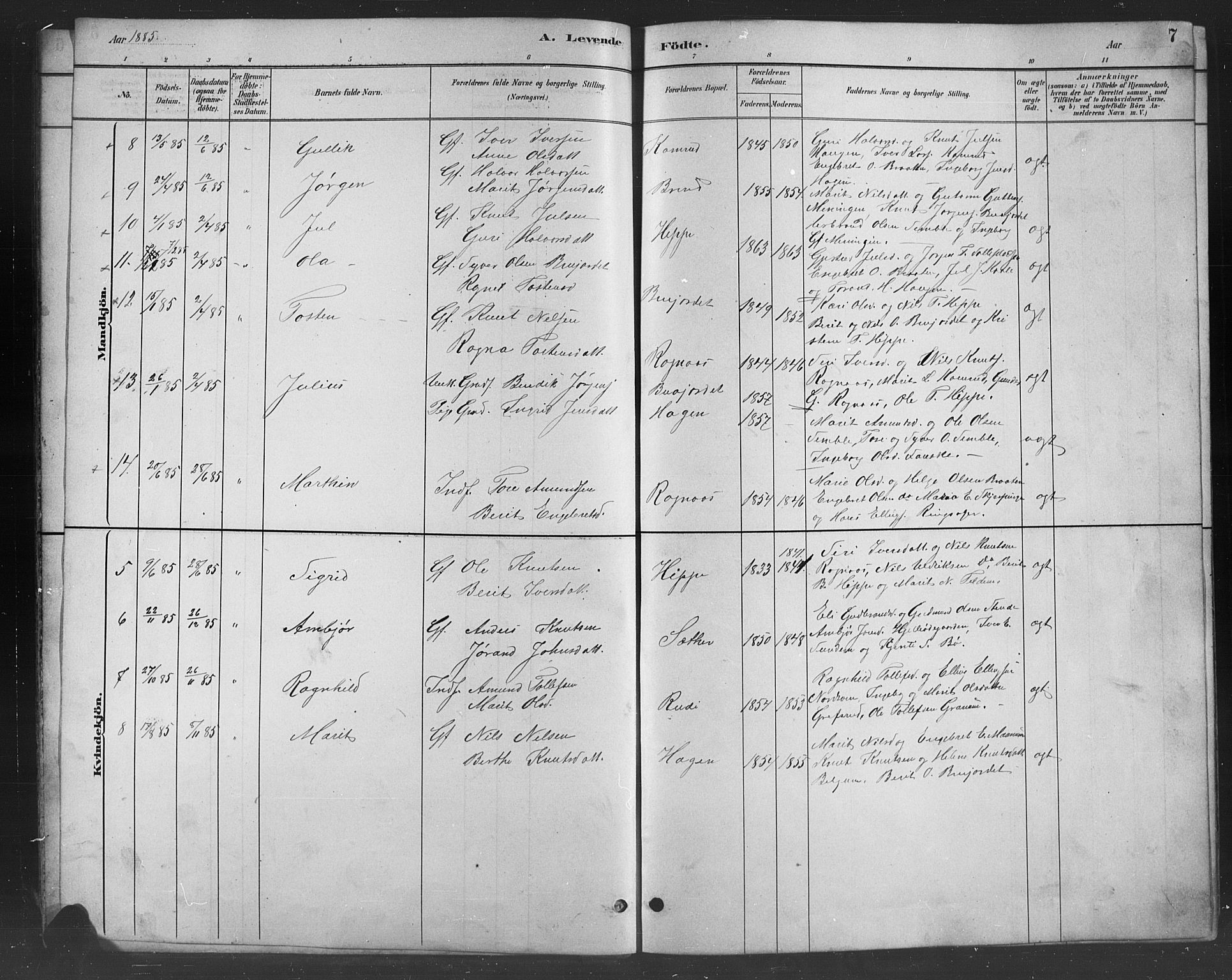 Nord-Aurdal prestekontor, SAH/PREST-132/H/Ha/Hab/L0008: Parish register (copy) no. 8, 1883-1916, p. 7