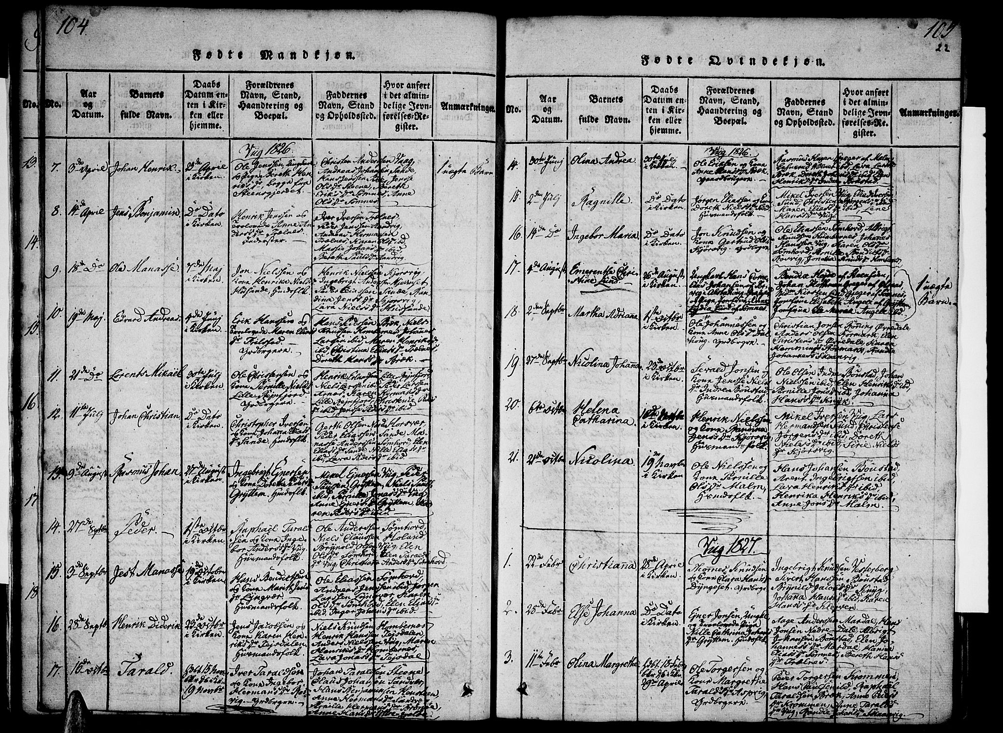 Ministerialprotokoller, klokkerbøker og fødselsregistre - Nordland, SAT/A-1459/812/L0175: Parish register (official) no. 812A04, 1820-1833, p. 104-105