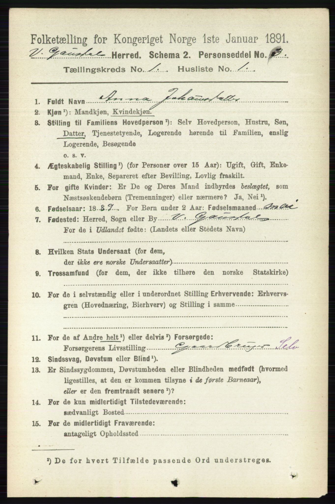 RA, 1891 census for 0523 Vestre Gausdal, 1891, p. 84