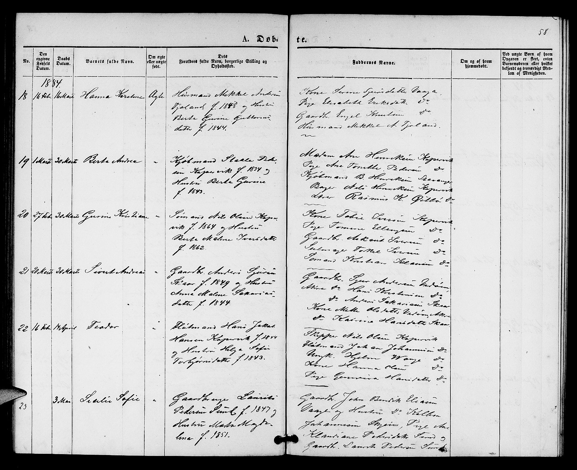 Kopervik sokneprestkontor, AV/SAST-A-101850/H/Ha/Hab/L0001: Parish register (copy) no. B 1, 1877-1891, p. 58