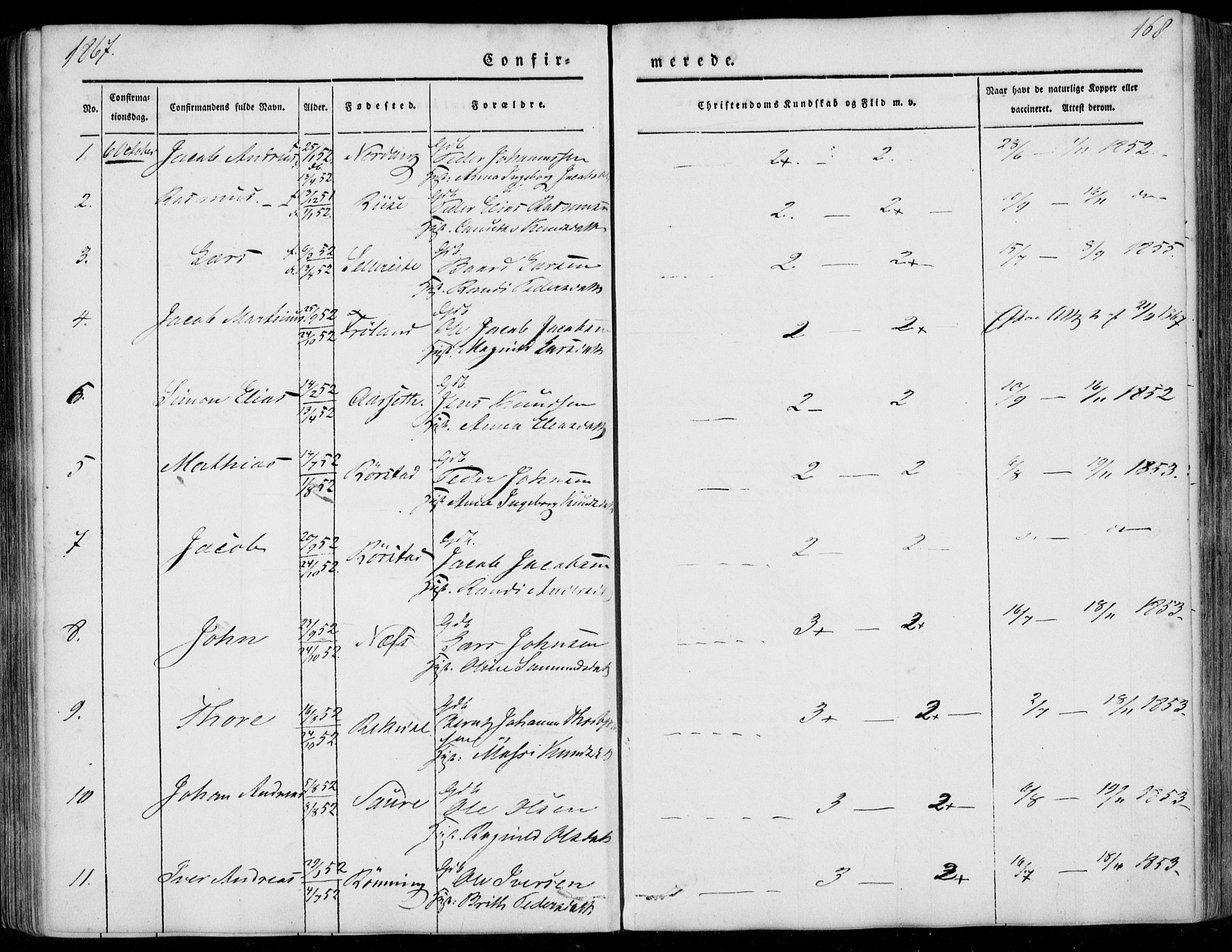 Ministerialprotokoller, klokkerbøker og fødselsregistre - Møre og Romsdal, AV/SAT-A-1454/515/L0209: Parish register (official) no. 515A05, 1847-1868, p. 168