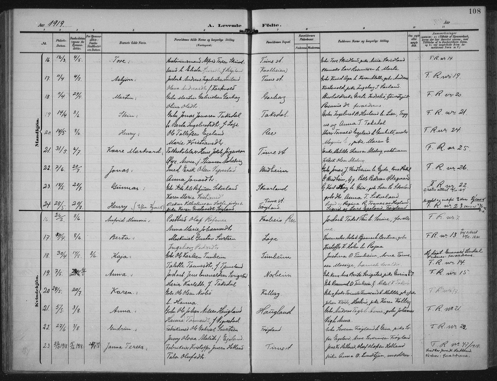 Lye sokneprestkontor, AV/SAST-A-101794/002/A/L0001: Parish register (official) no. A 12, 1904-1920, p. 108