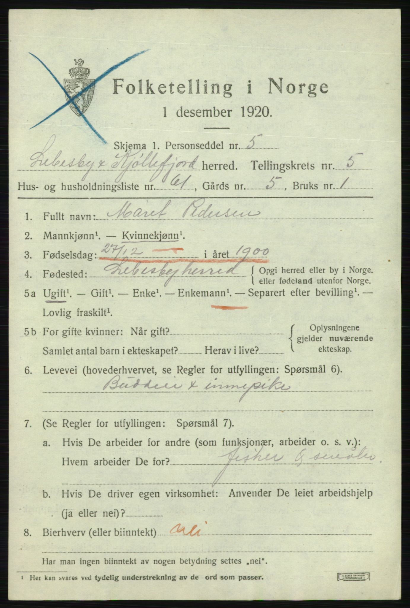 SATØ, 1920 census for Lebesby, 1920, p. 2997