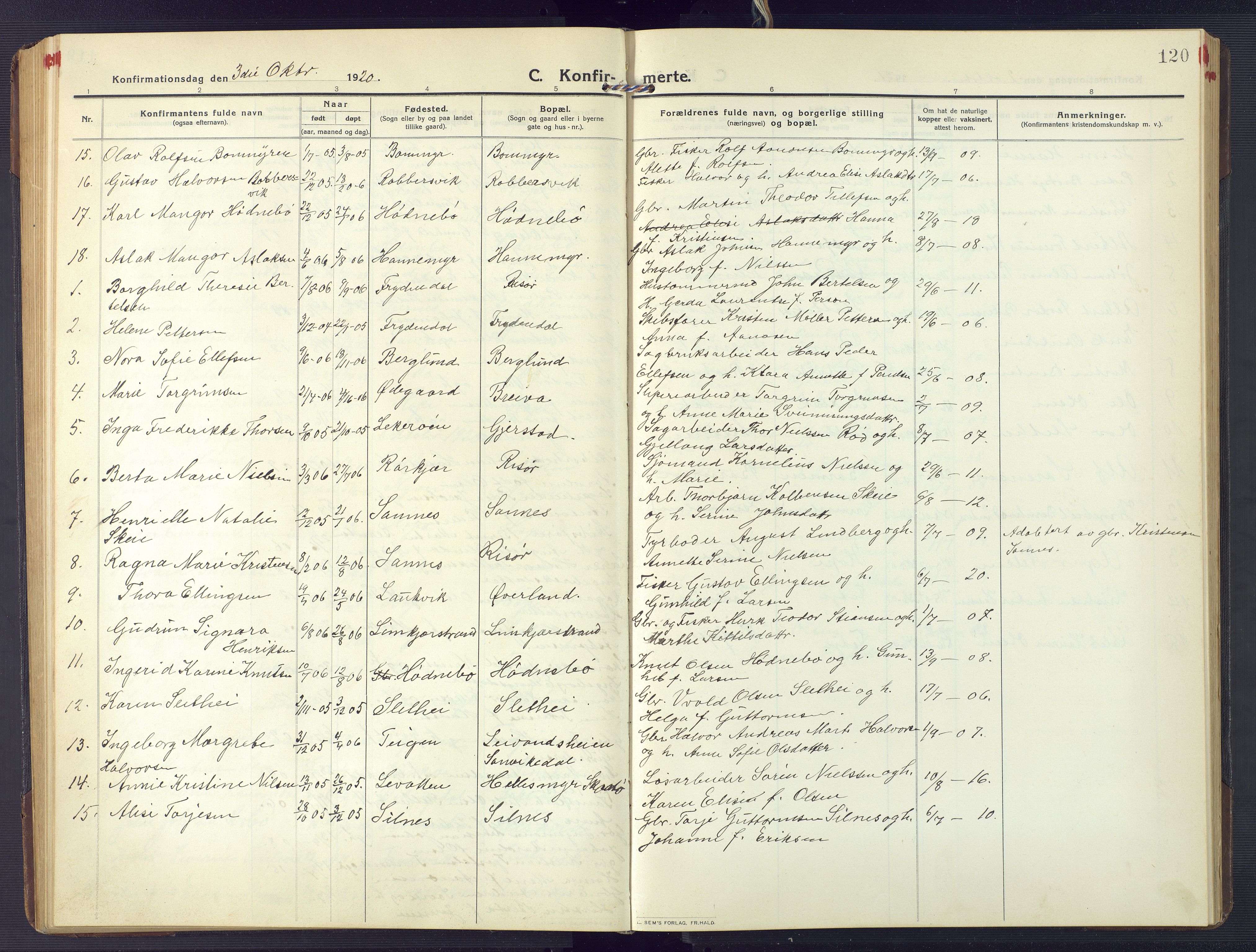 Søndeled sokneprestkontor, AV/SAK-1111-0038/F/Fb/L0006: Parish register (copy) no. B 7, 1912-1947, p. 120