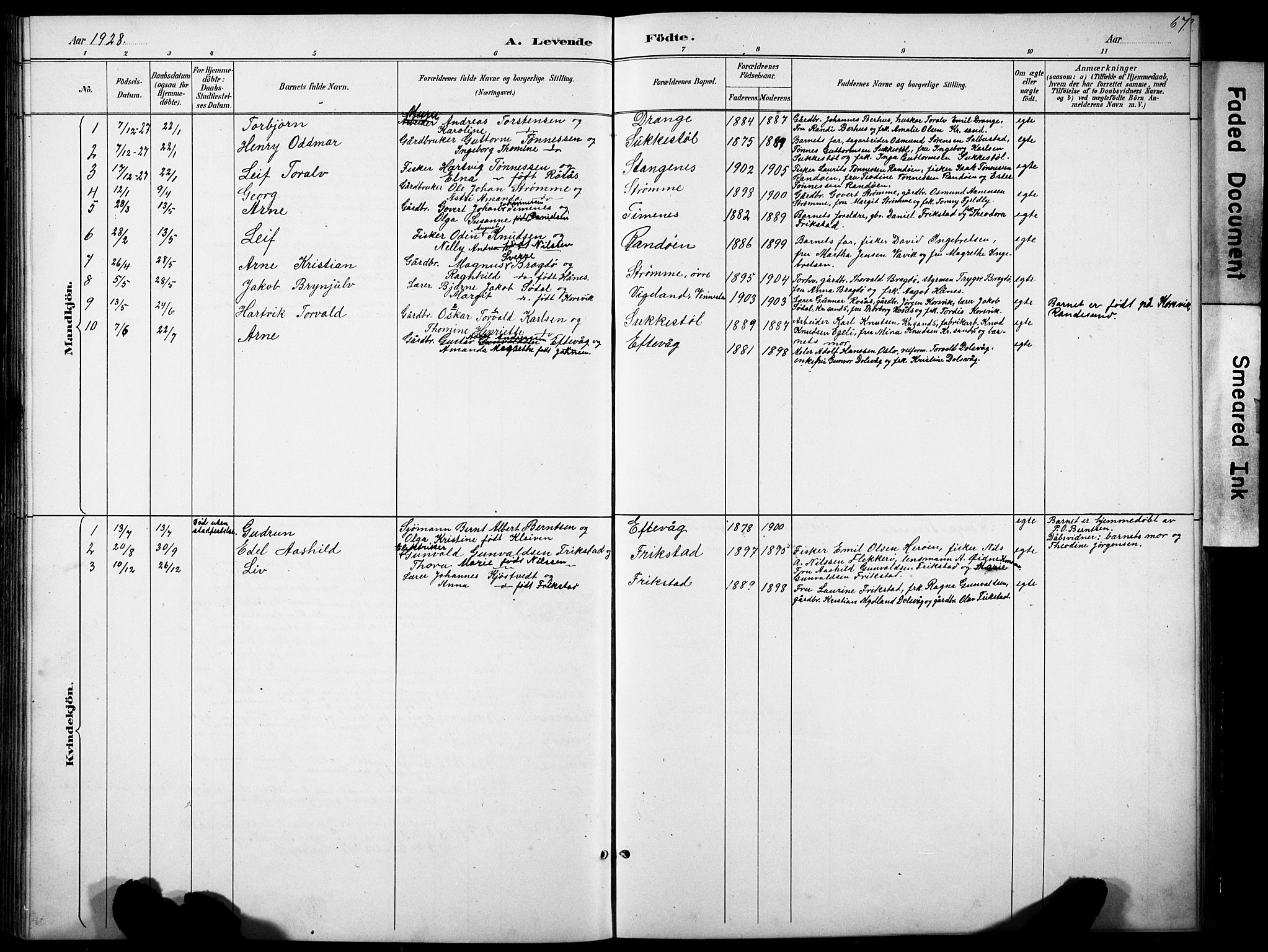 Oddernes sokneprestkontor, SAK/1111-0033/F/Fb/Fbb/L0002: Parish register (copy) no. B 2, 1889-1933, p. 67