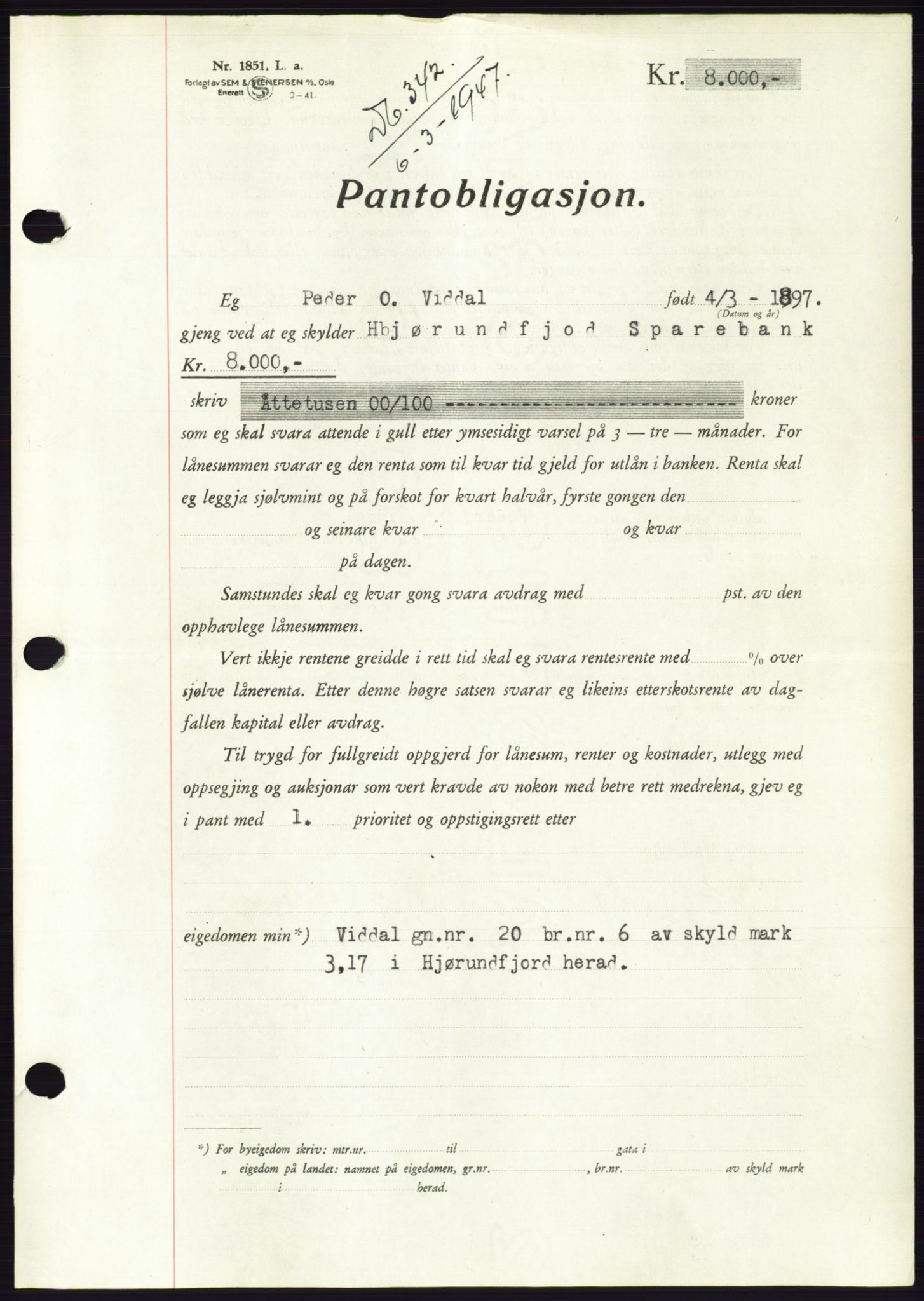 Søre Sunnmøre sorenskriveri, AV/SAT-A-4122/1/2/2C/L0114: Mortgage book no. 1-2B, 1943-1947, Diary no: : 342/1947