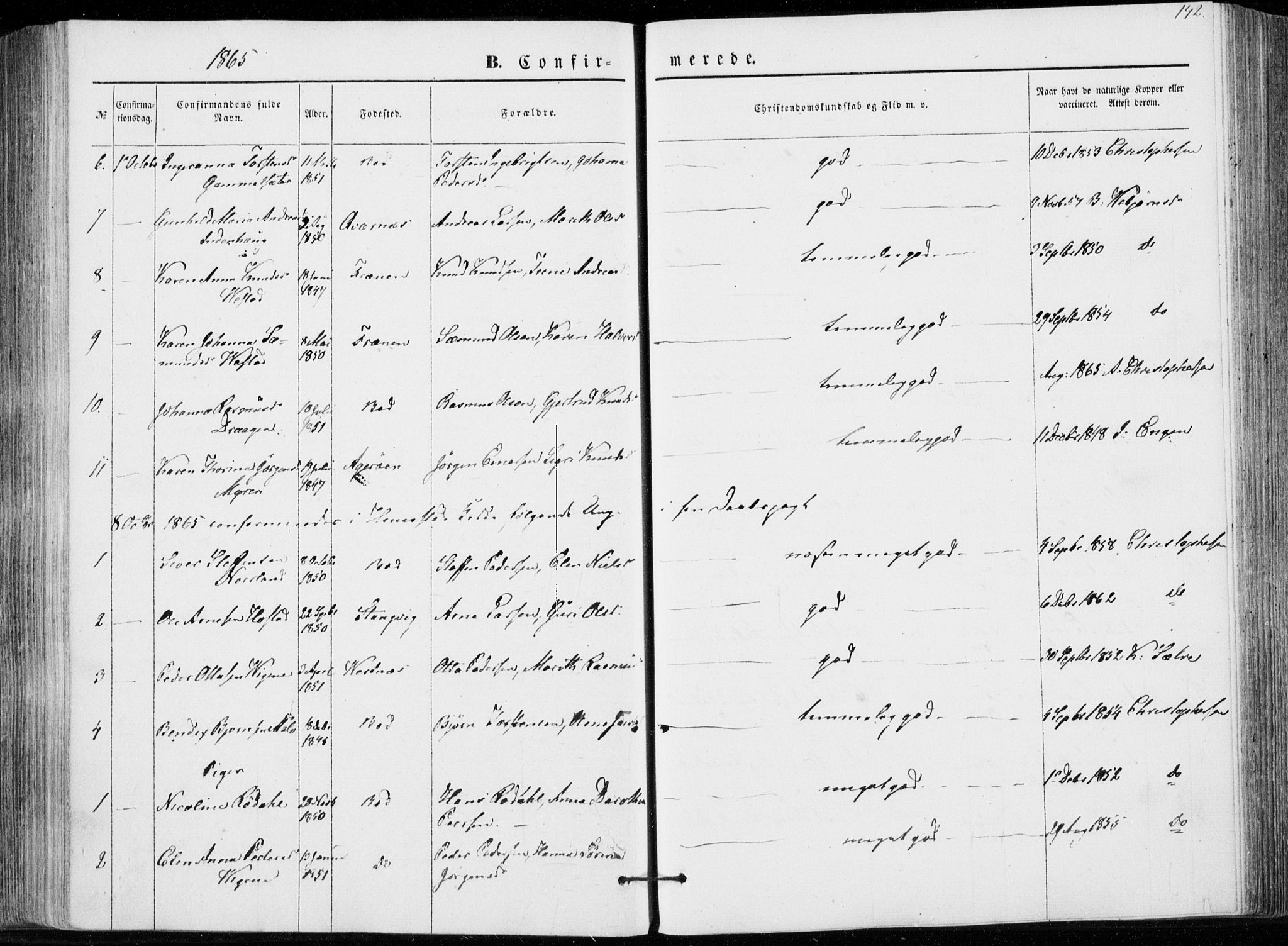 Ministerialprotokoller, klokkerbøker og fødselsregistre - Møre og Romsdal, AV/SAT-A-1454/566/L0767: Parish register (official) no. 566A06, 1852-1868, p. 142