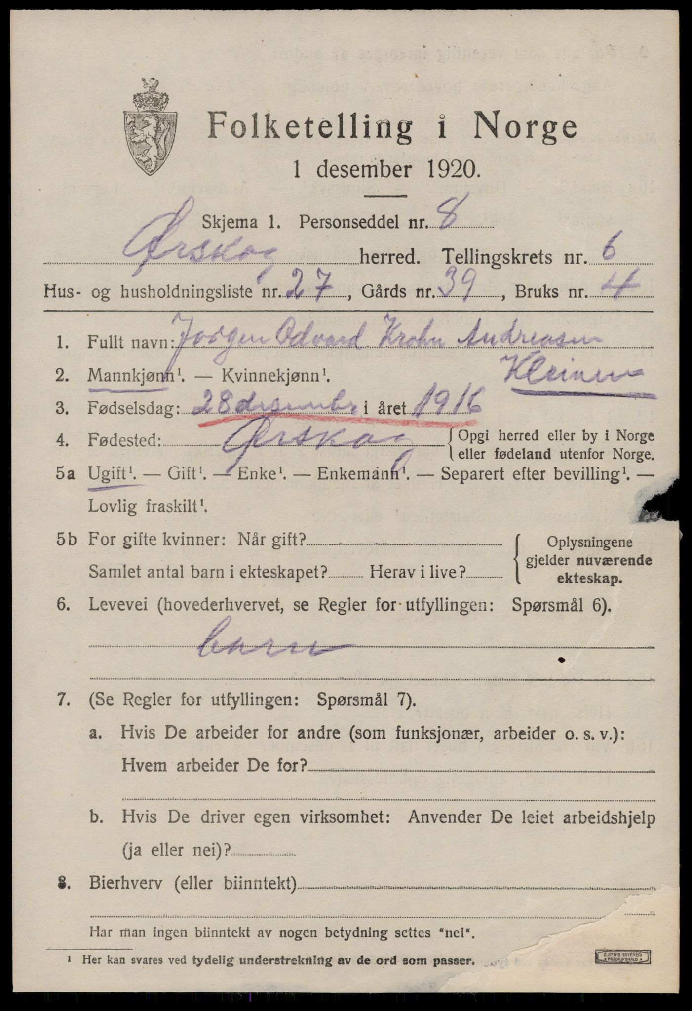 SAT, 1920 census for Ørskog, 1920, p. 3606