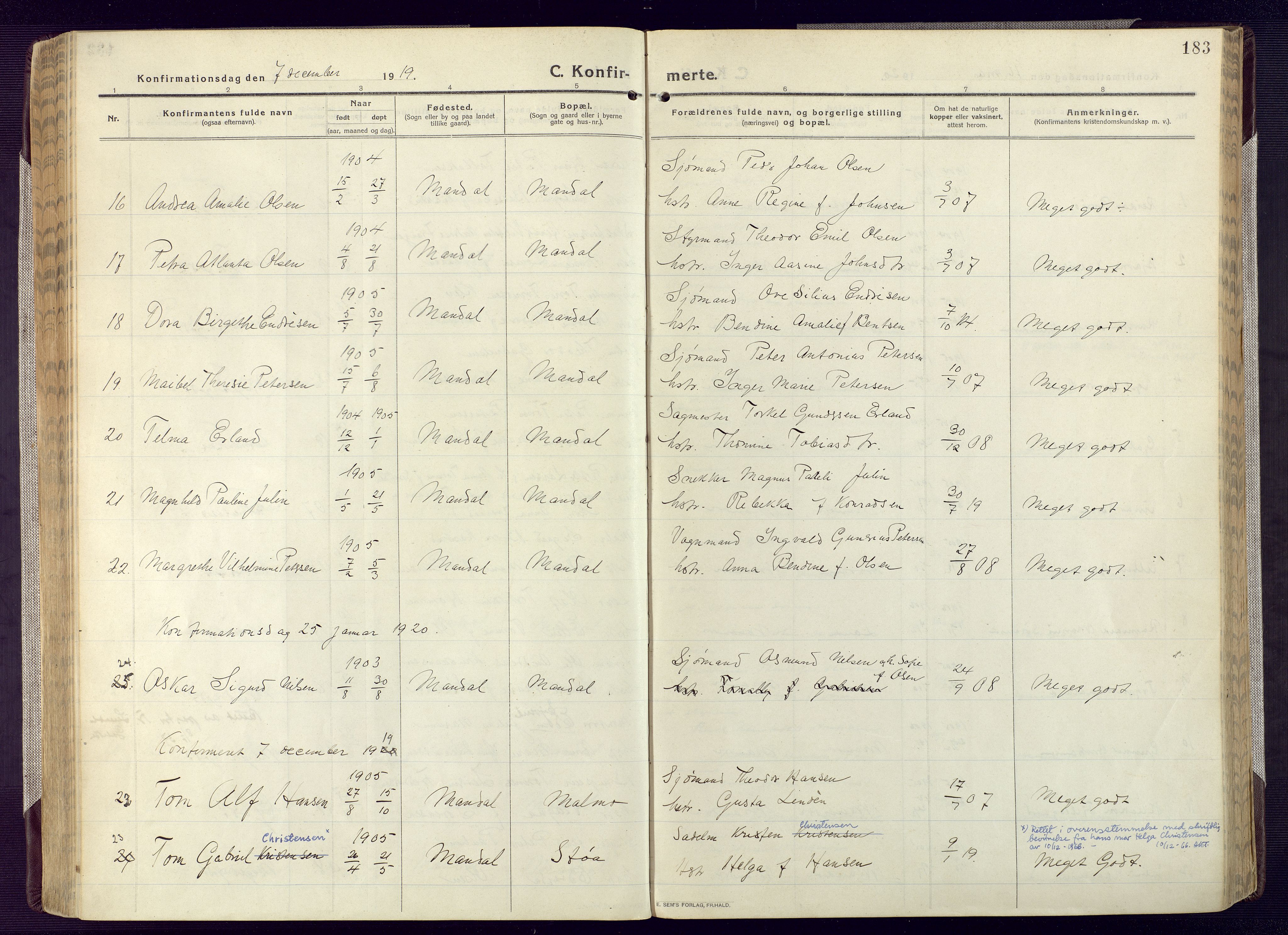 Mandal sokneprestkontor, SAK/1111-0030/F/Fa/Fac/L0001: Parish register (official) no. A 1, 1913-1925, p. 183