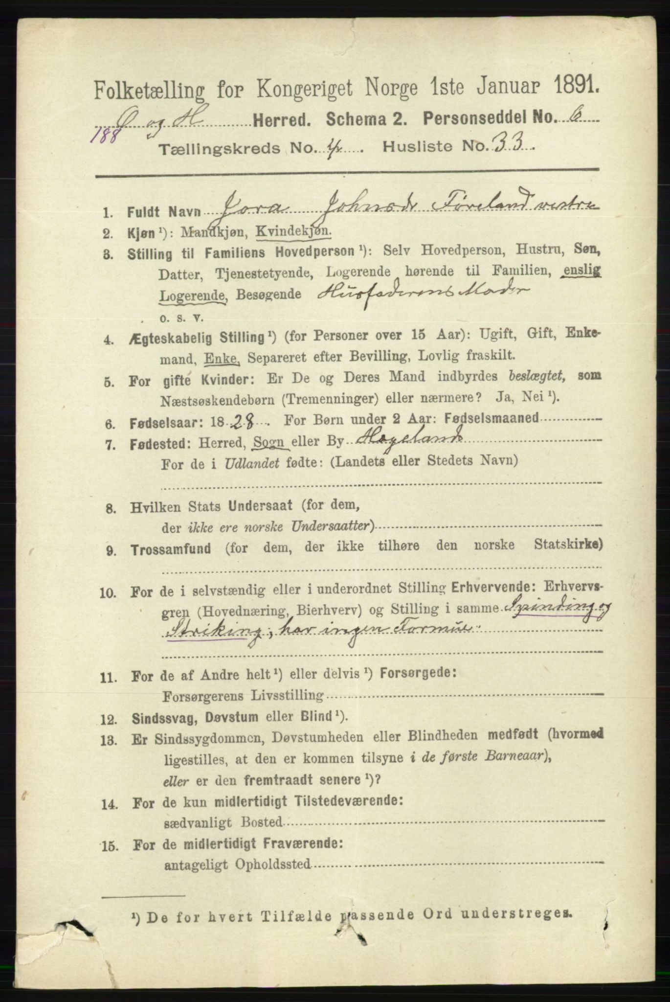 RA, 1891 census for 1016 Øvrebø og Hægeland, 1891, p. 900