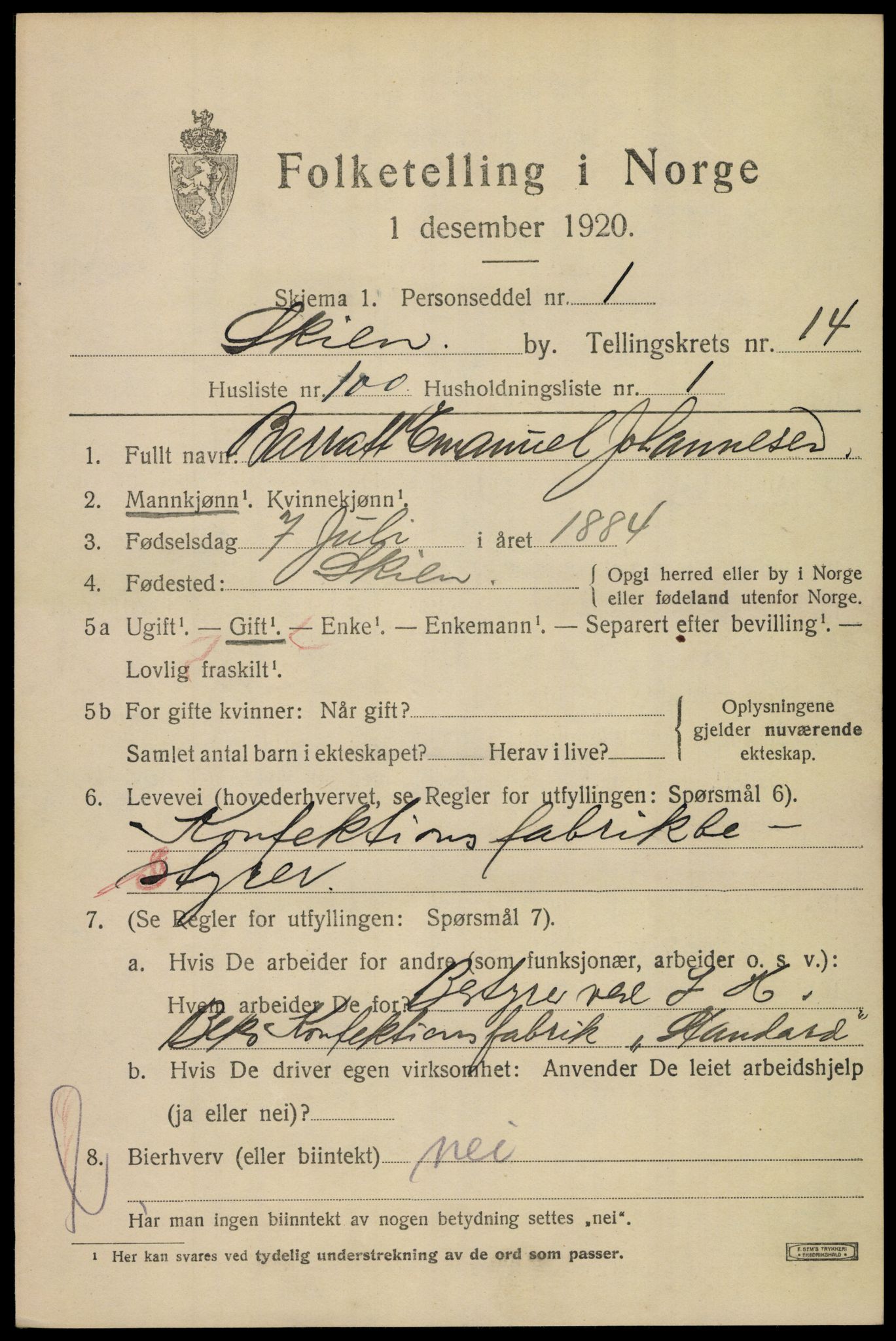 SAKO, 1920 census for Skien, 1920, p. 42740