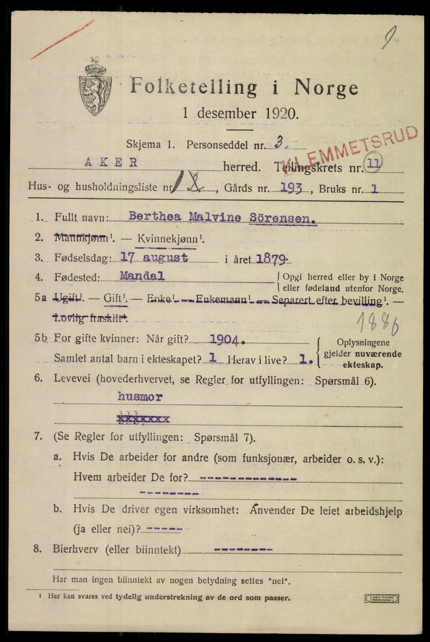 SAO, 1920 census for Aker, 1920, p. 70426