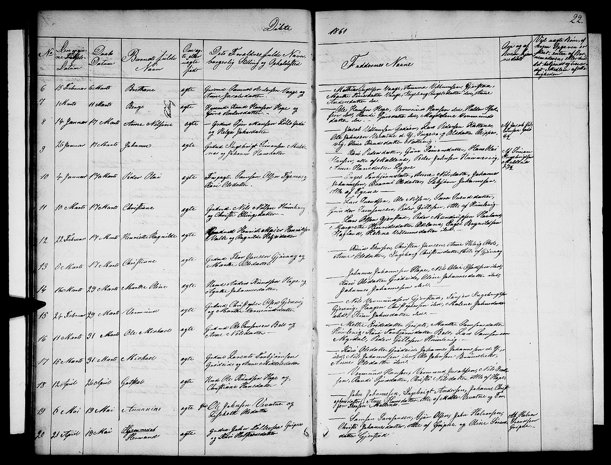Tysnes sokneprestembete, SAB/A-78601/H/Hab: Parish register (copy) no. B 1, 1855-1877, p. 22