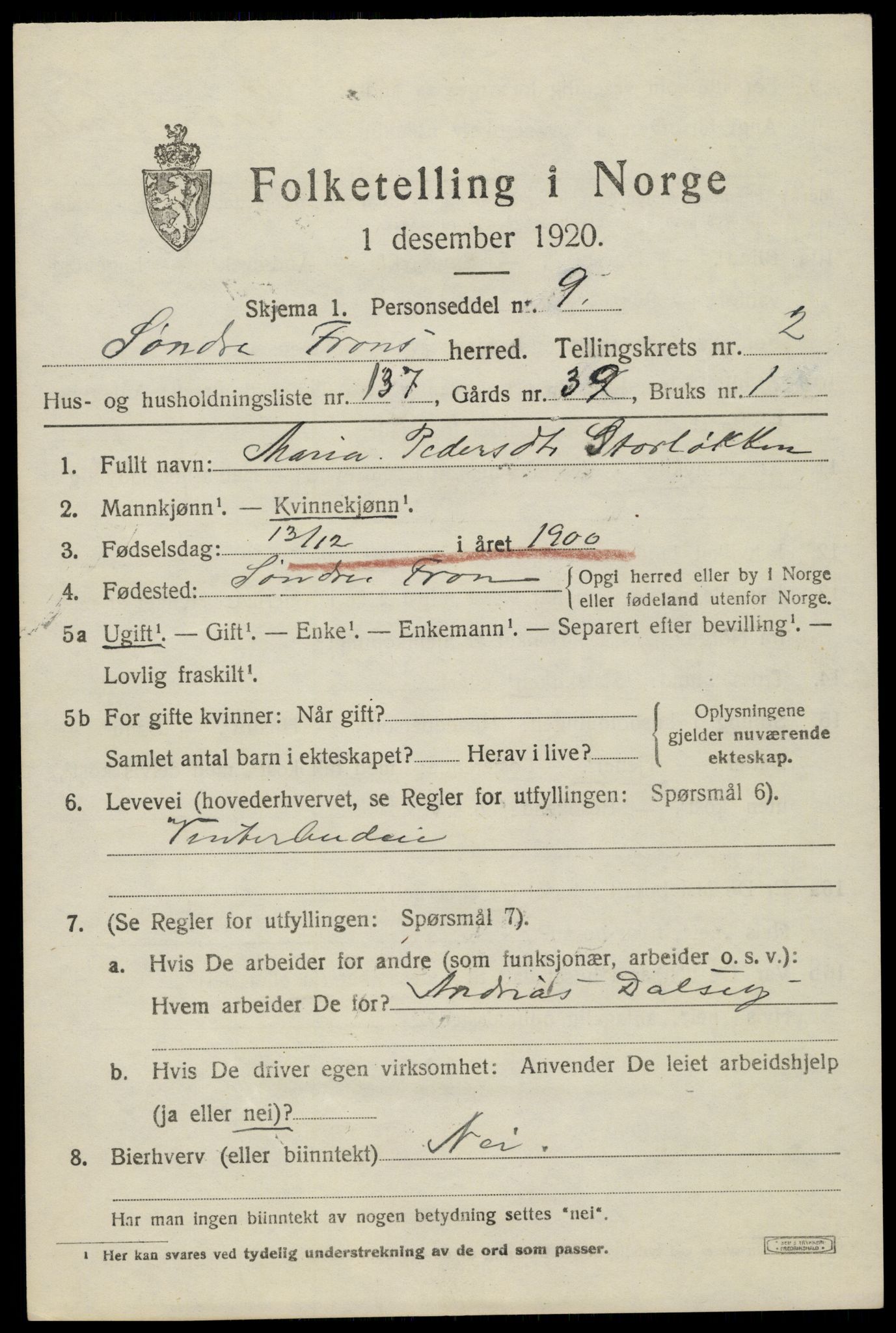 SAH, 1920 census for Sør-Fron, 1920, p. 3481