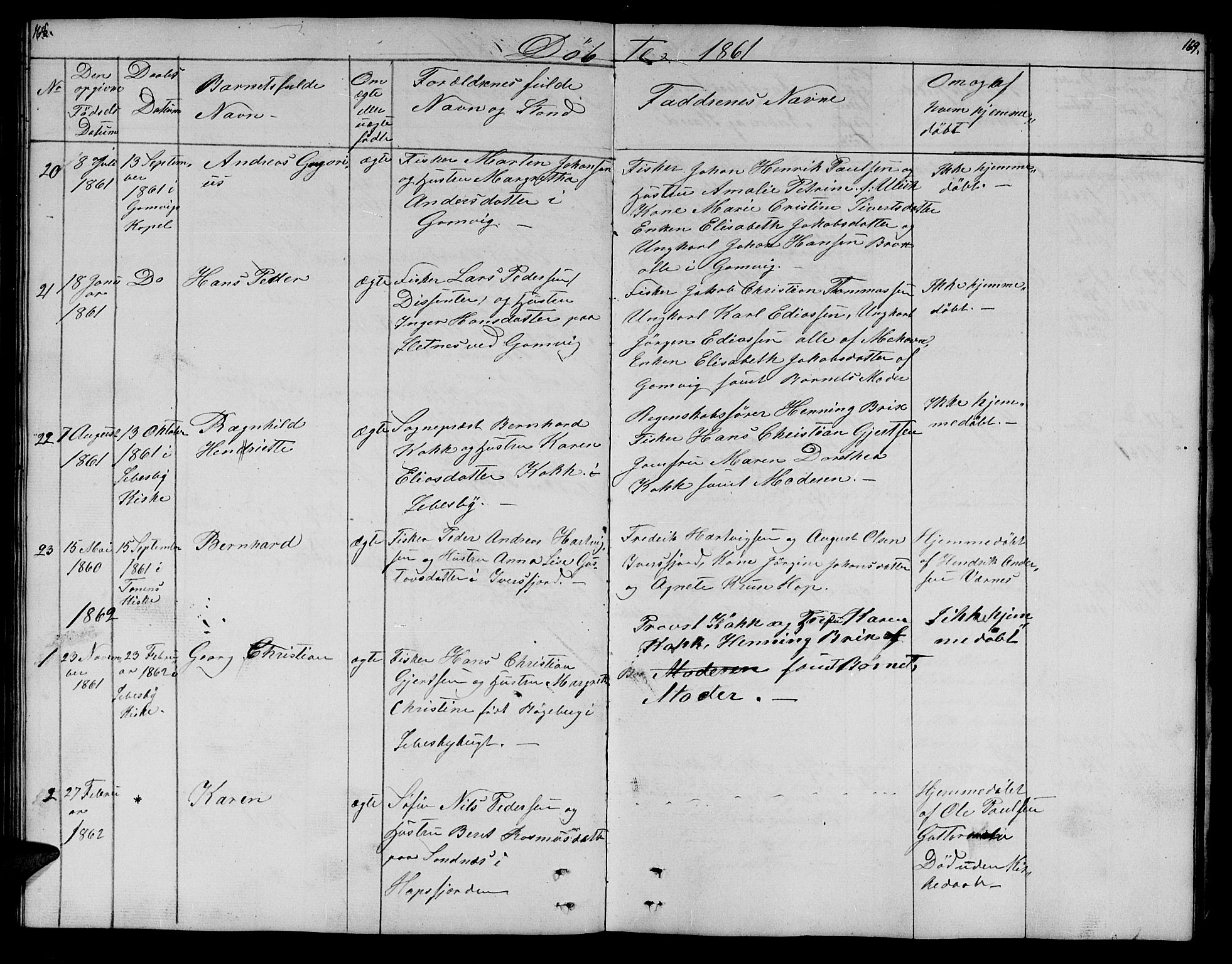 Lebesby sokneprestkontor, AV/SATØ-S-1353/H/Hb/L0001klokker: Parish register (copy) no. 1, 1846-1862, p. 168-169