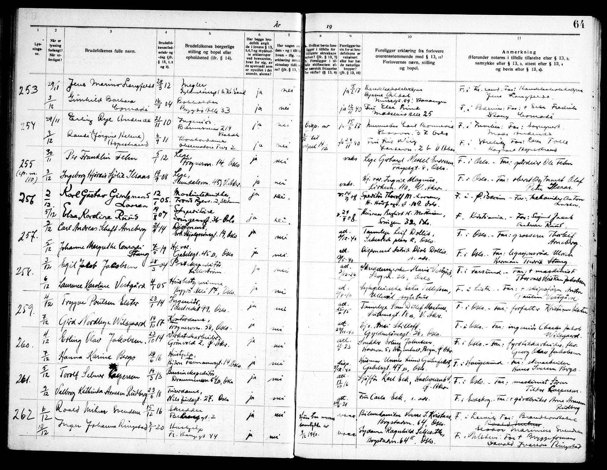 Frogner prestekontor Kirkebøker, SAO/A-10886/H/Ha/L0009: Banns register no. 9, 1938-1945, p. 64