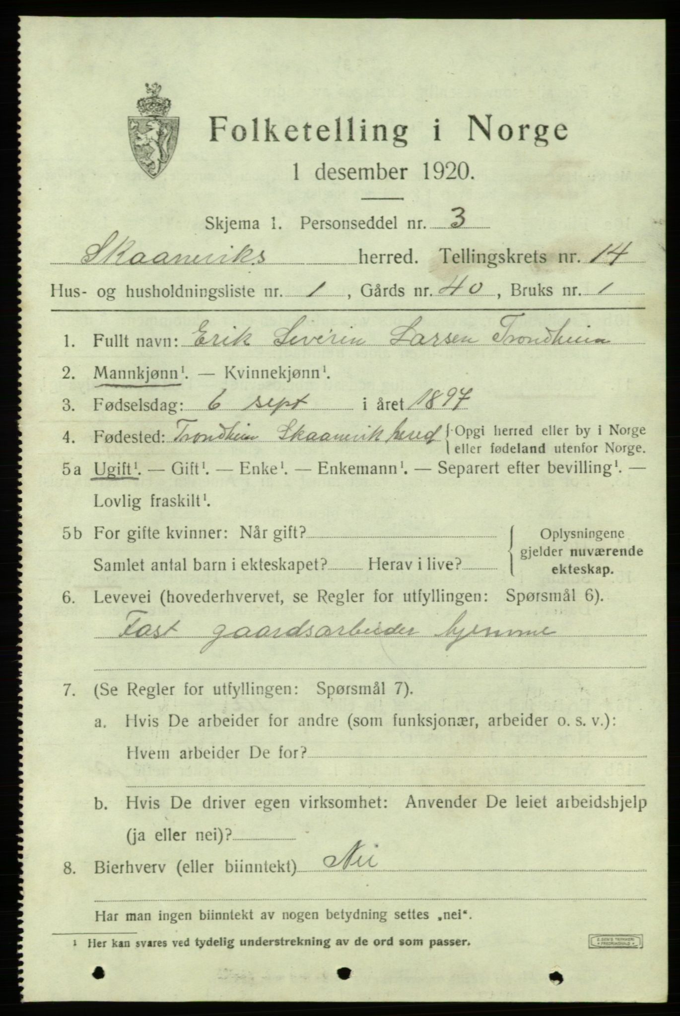 SAB, 1920 census for Skånevik, 1920, p. 6017