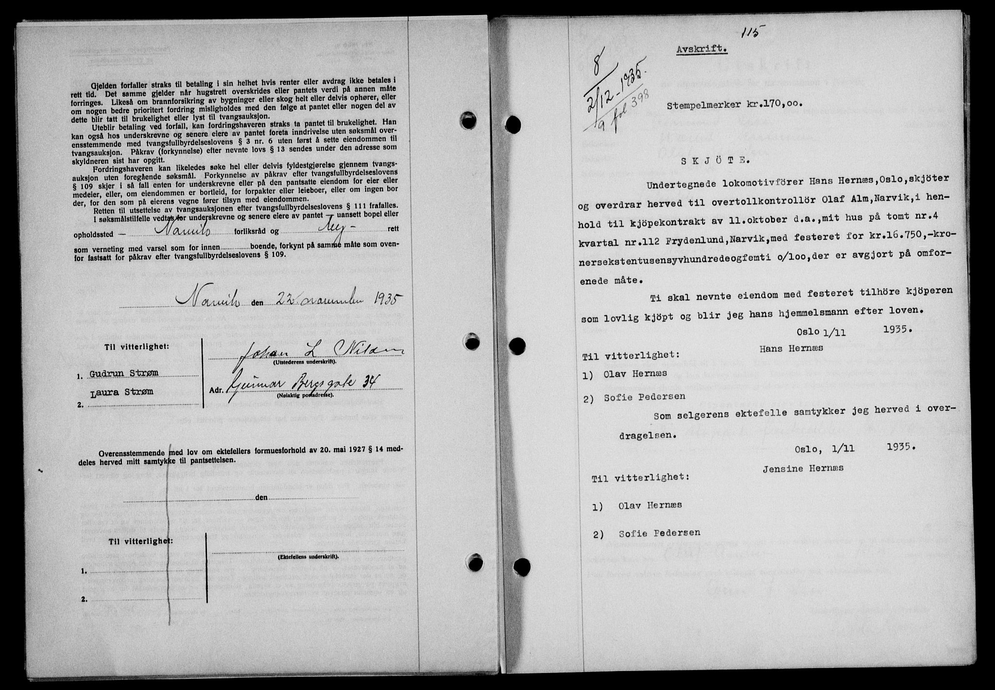 Narvik sorenskriveri, SAT/A-0002/1/2/2C/2Ca/L0011: Mortgage book no. 14, 1935-1937, Deed date: 02.12.1935
