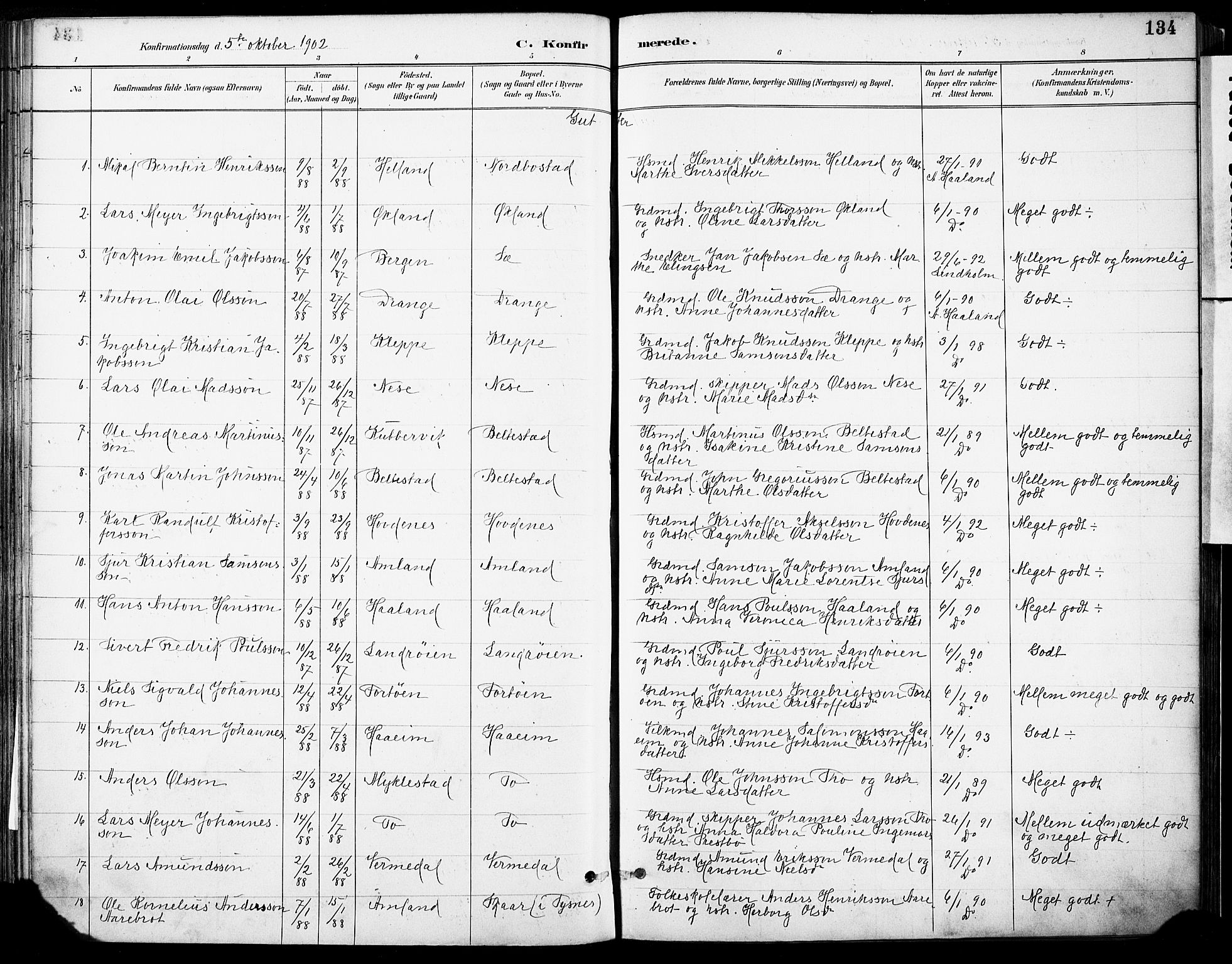 Tysnes sokneprestembete, SAB/A-78601/H/Haa: Parish register (official) no. D 1, 1887-1904, p. 134