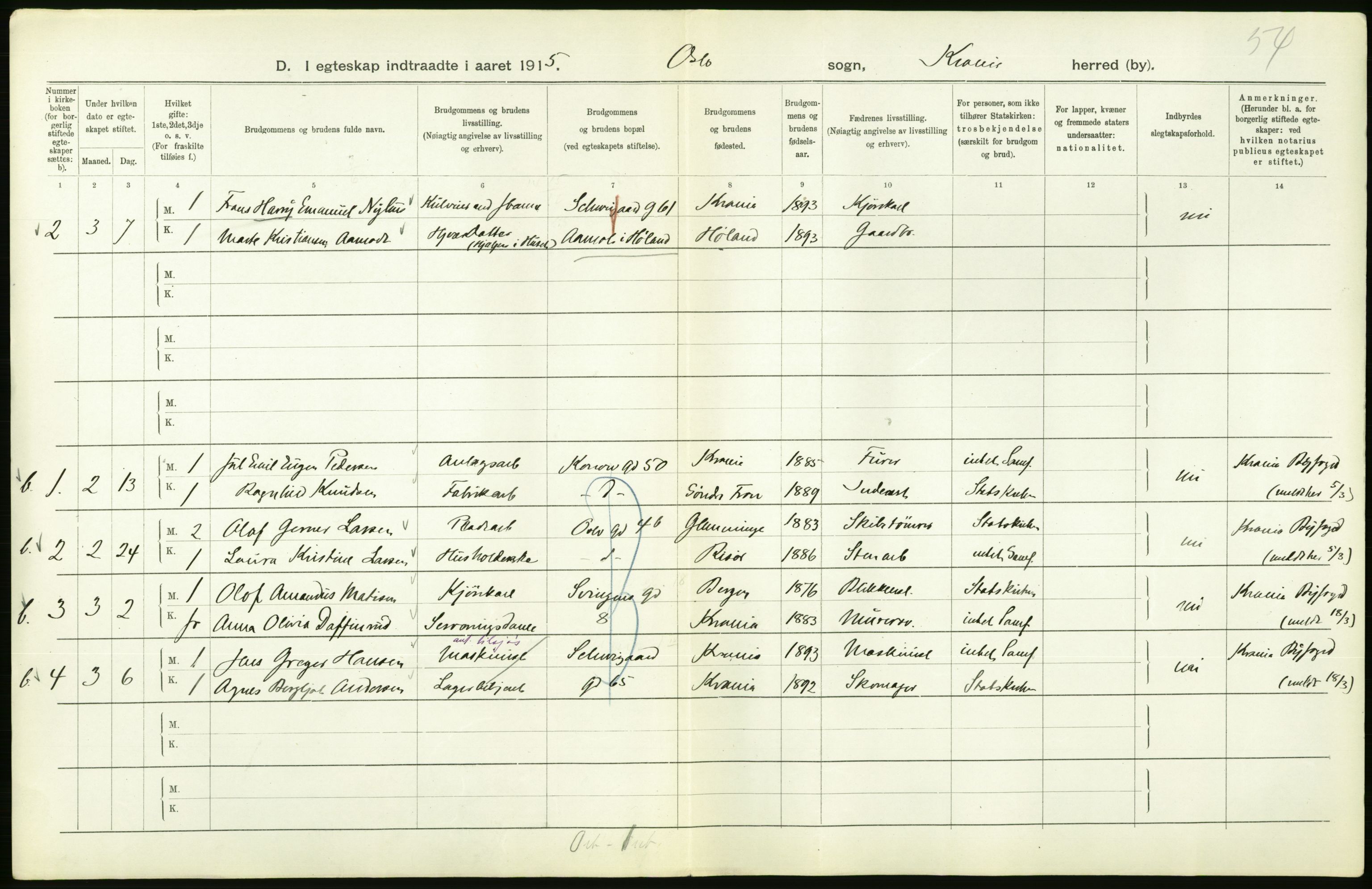 Statistisk sentralbyrå, Sosiodemografiske emner, Befolkning, RA/S-2228/D/Df/Dfb/Dfbe/L0008: Kristiania: Gifte., 1915, p. 624