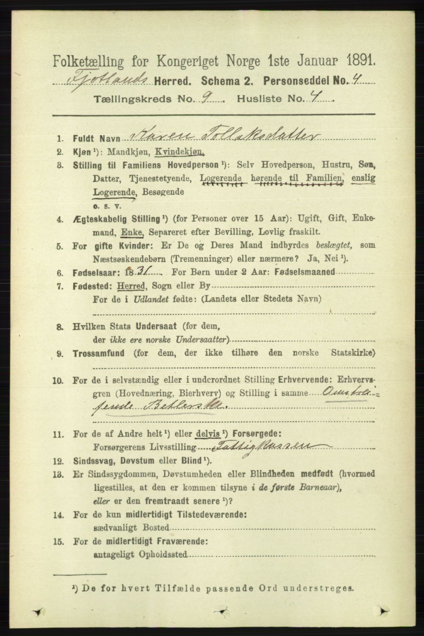 RA, 1891 census for 1036 Fjotland, 1891, p. 1319