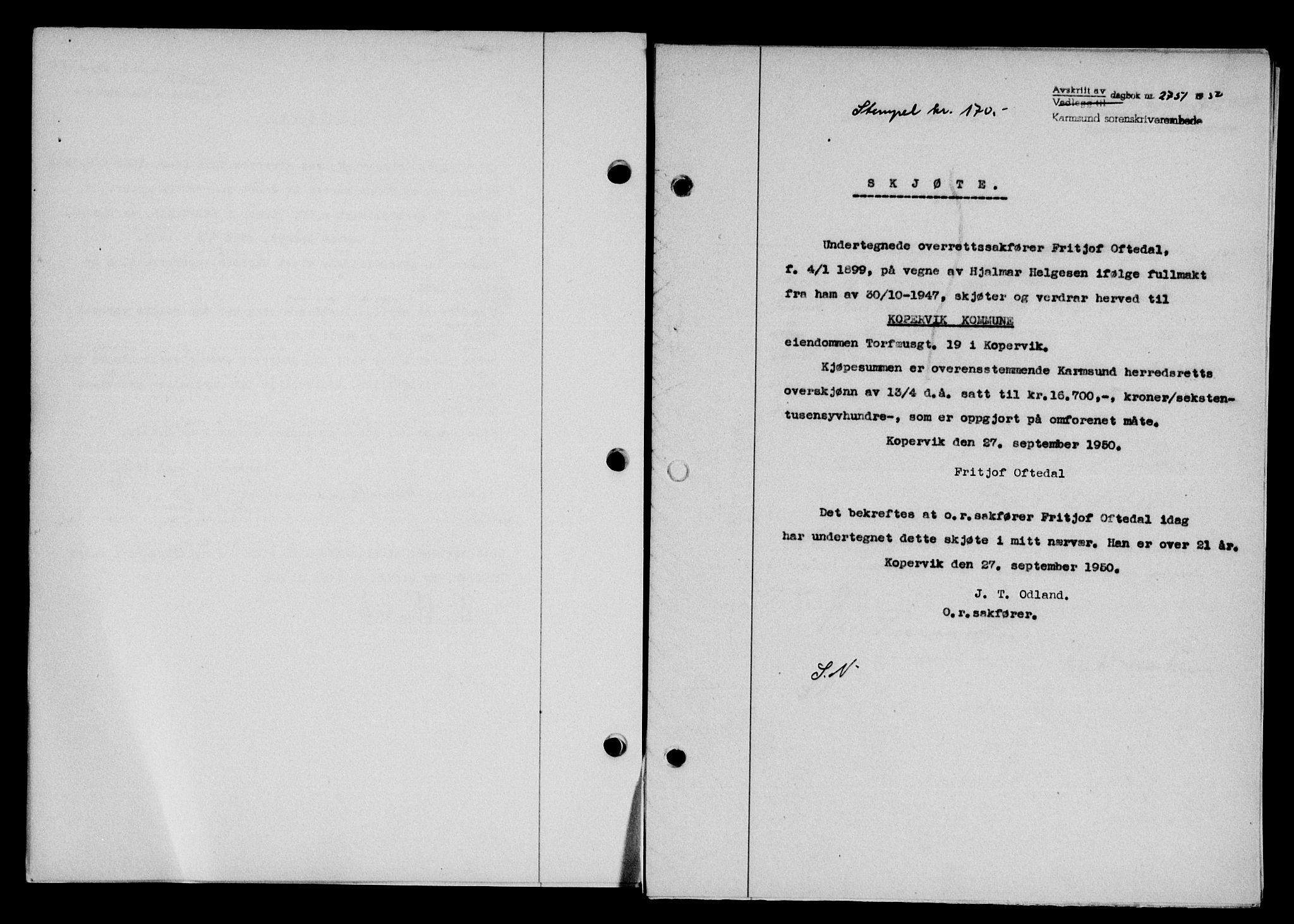 Karmsund sorenskriveri, SAST/A-100311/01/II/IIB/L0101: Mortgage book no. 81A, 1950-1951, Diary no: : 2751/1950