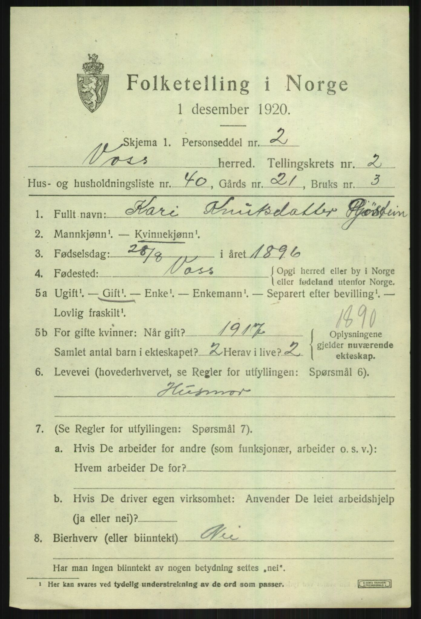 SAB, 1920 census for Voss, 1920, p. 3961