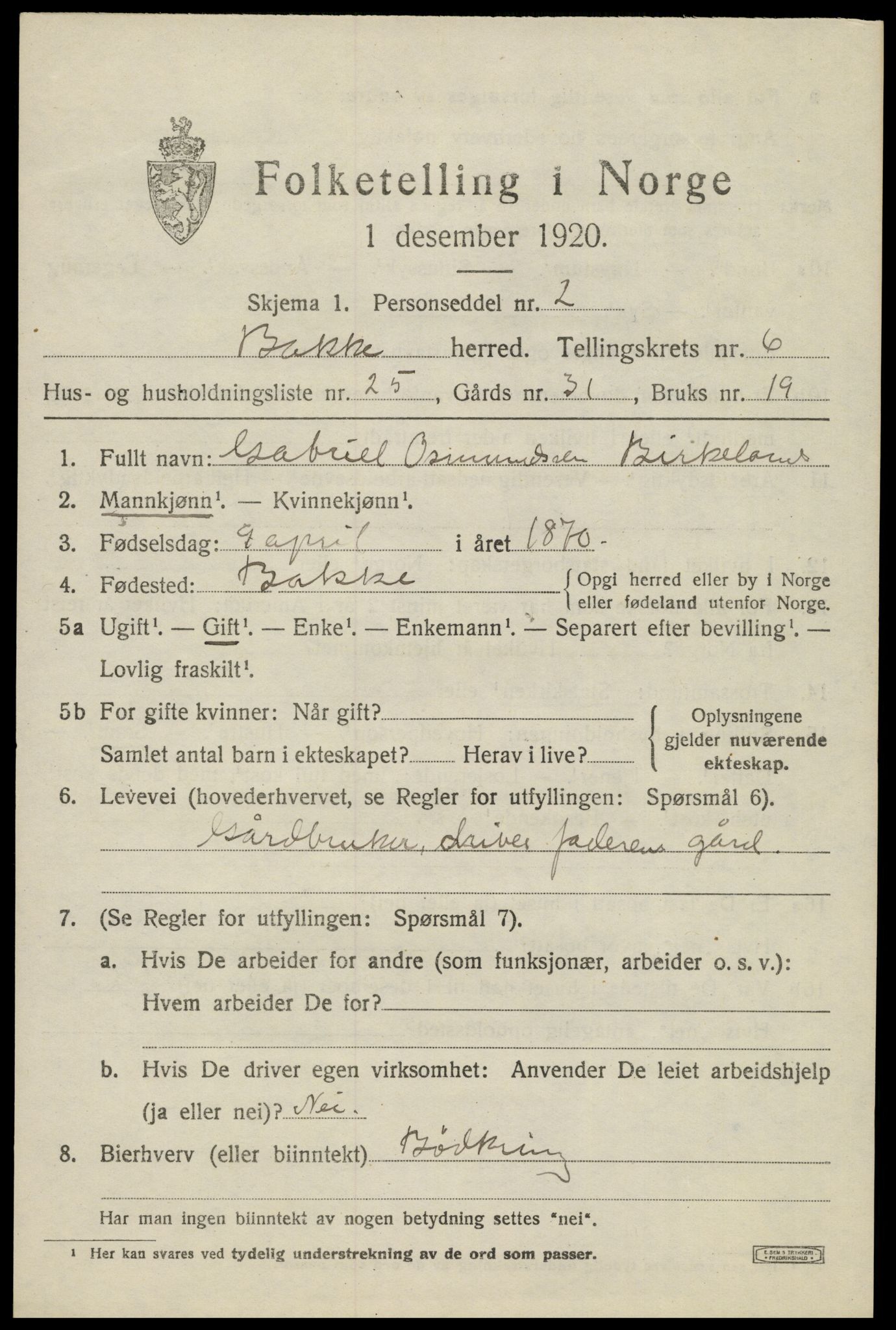 SAK, 1920 census for Bakke, 1920, p. 2102