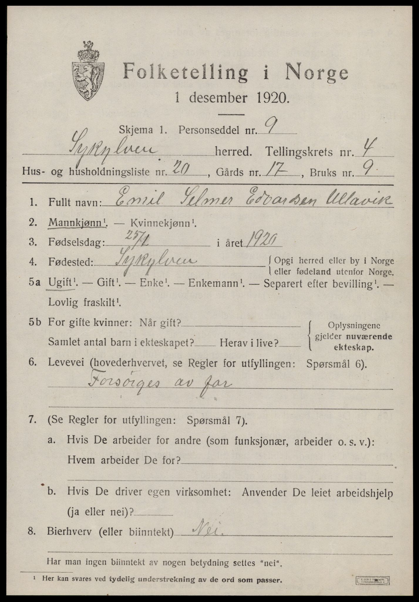 SAT, 1920 census for Sykkylven, 1920, p. 3053