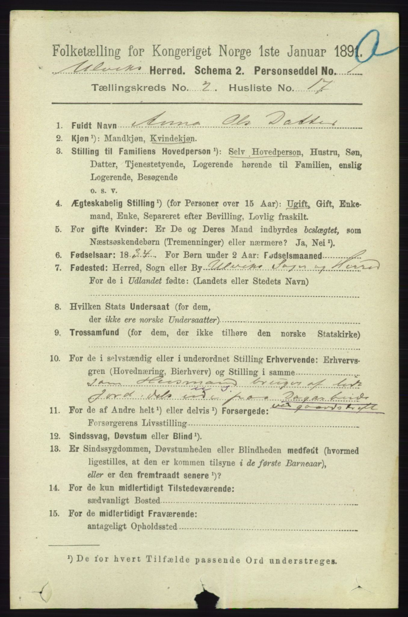 RA, 1891 census for 1233 Ulvik, 1891, p. 314