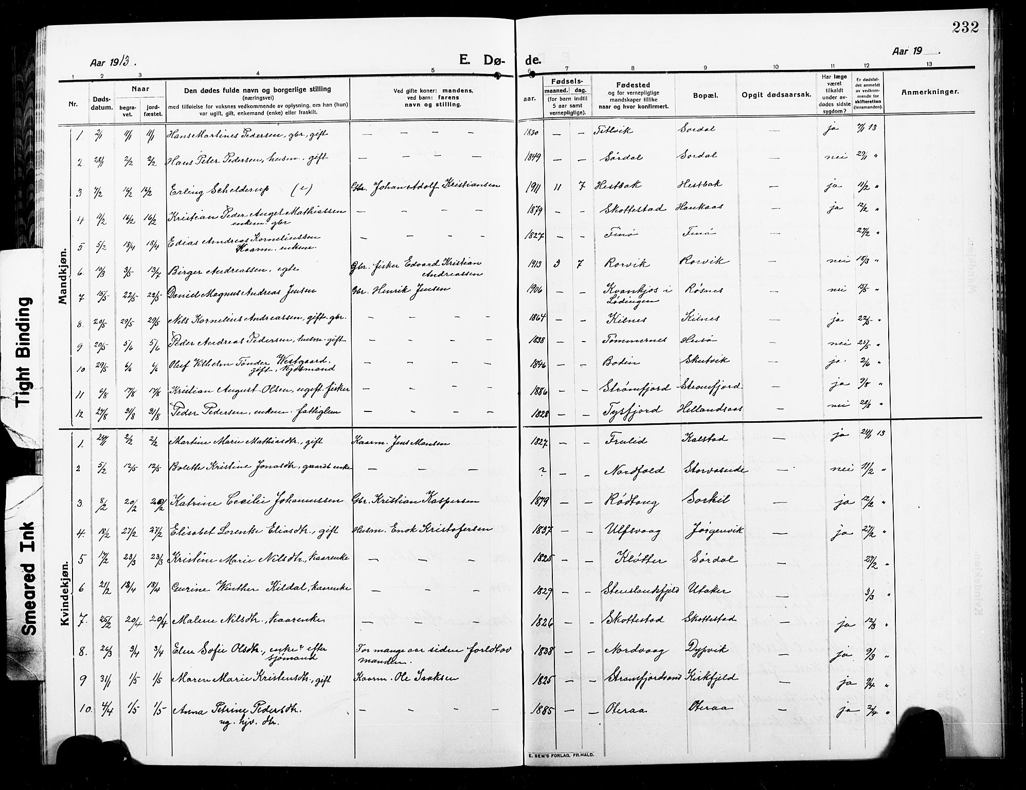 Ministerialprotokoller, klokkerbøker og fødselsregistre - Nordland, AV/SAT-A-1459/859/L0861: Parish register (copy) no. 859C07, 1910-1925, p. 232