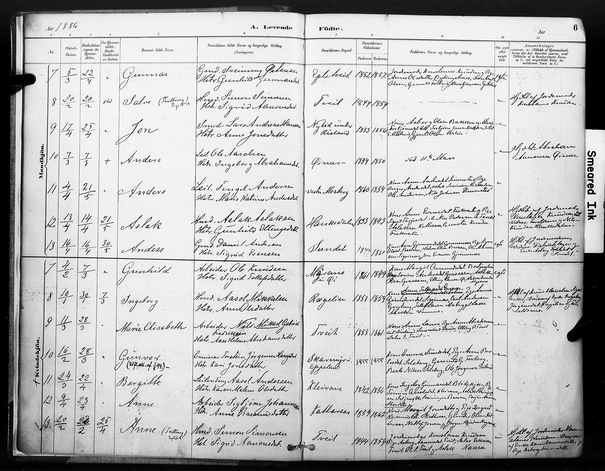 Åmli sokneprestkontor, SAK/1111-0050/F/Fa/Fac/L0010: Parish register (official) no. A 10 /1, 1885-1899, p. 6