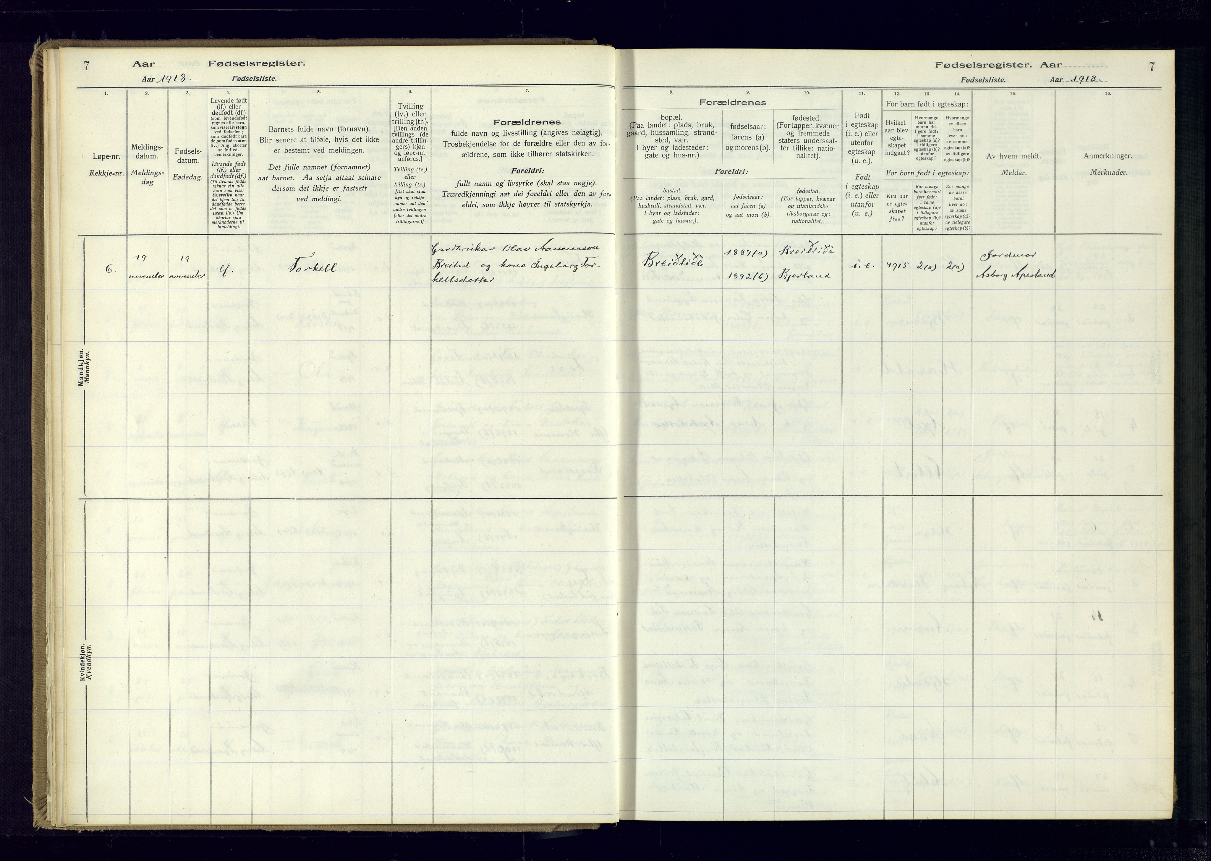 Bjelland sokneprestkontor, SAK/1111-0005/J/Ja/L0001: Birth register no. II.4.2, 1916-1982, p. 7