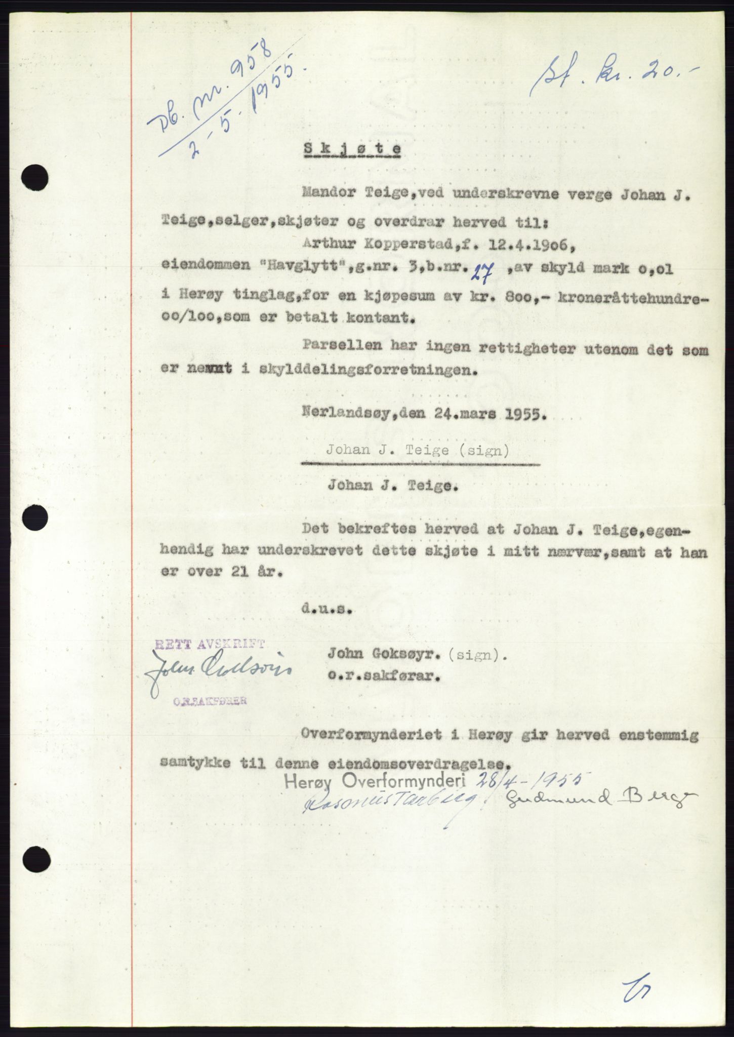 Søre Sunnmøre sorenskriveri, AV/SAT-A-4122/1/2/2C/L0100: Mortgage book no. 26A, 1954-1955, Diary no: : 958/1955