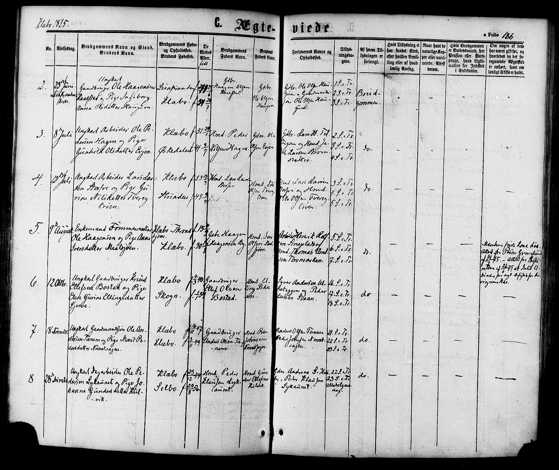 Ministerialprotokoller, klokkerbøker og fødselsregistre - Sør-Trøndelag, SAT/A-1456/618/L0442: Parish register (official) no. 618A06 /1, 1863-1879, p. 186