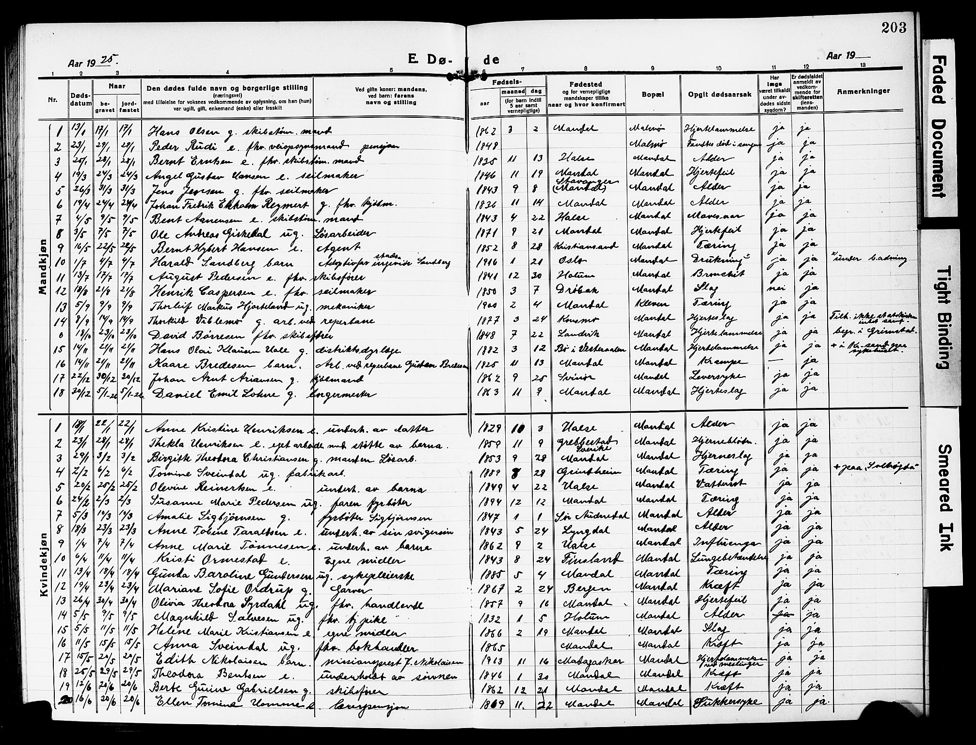 Mandal sokneprestkontor, AV/SAK-1111-0030/F/Fb/Fbc/L0001: Parish register (copy) no. B 1, 1918-1931, p. 203