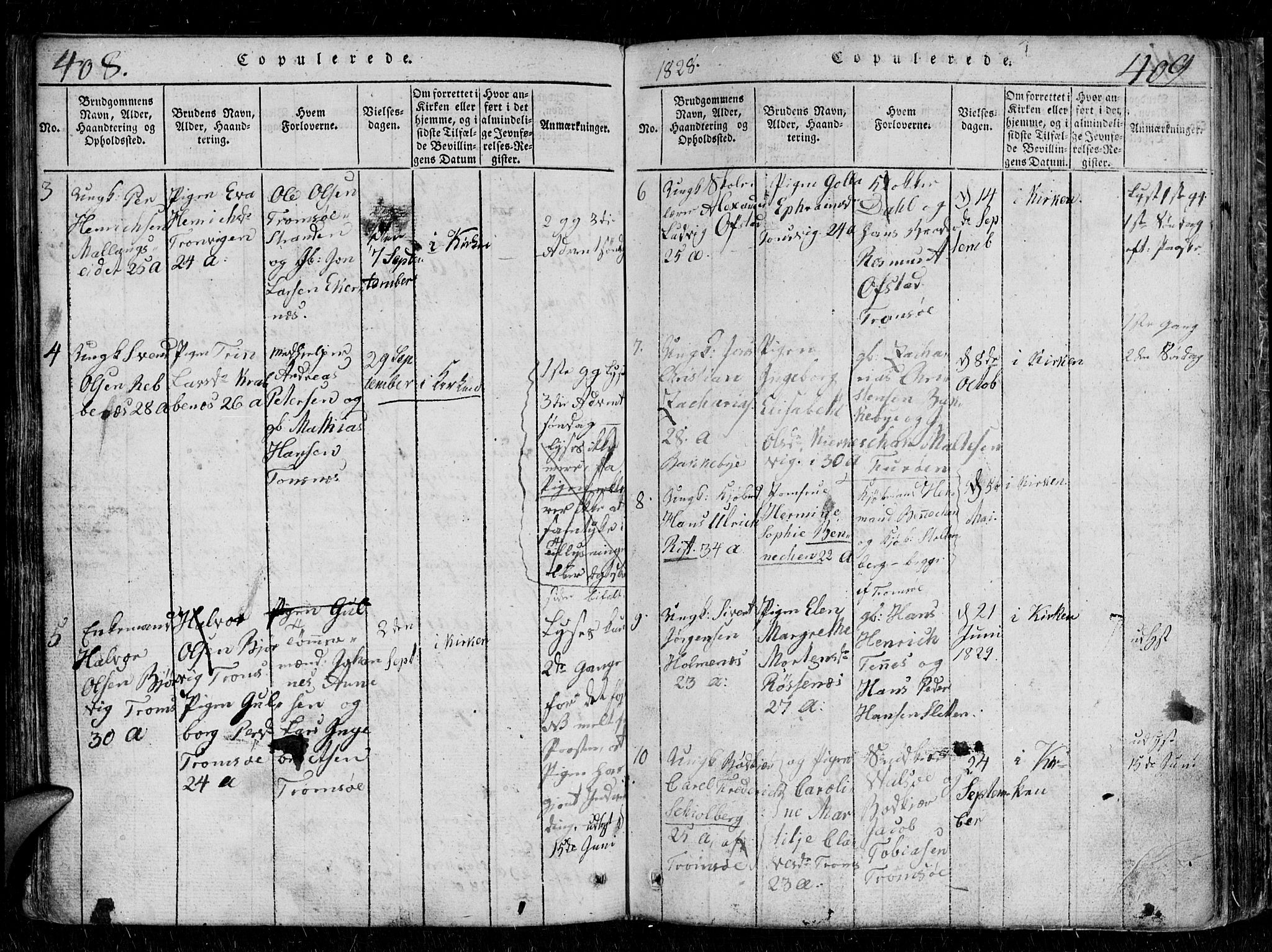 Tromsø sokneprestkontor/stiftsprosti/domprosti, SATØ/S-1343/G/Gb/L0001klokker: Parish register (copy) no. 1, 1821-1833, p. 408-409