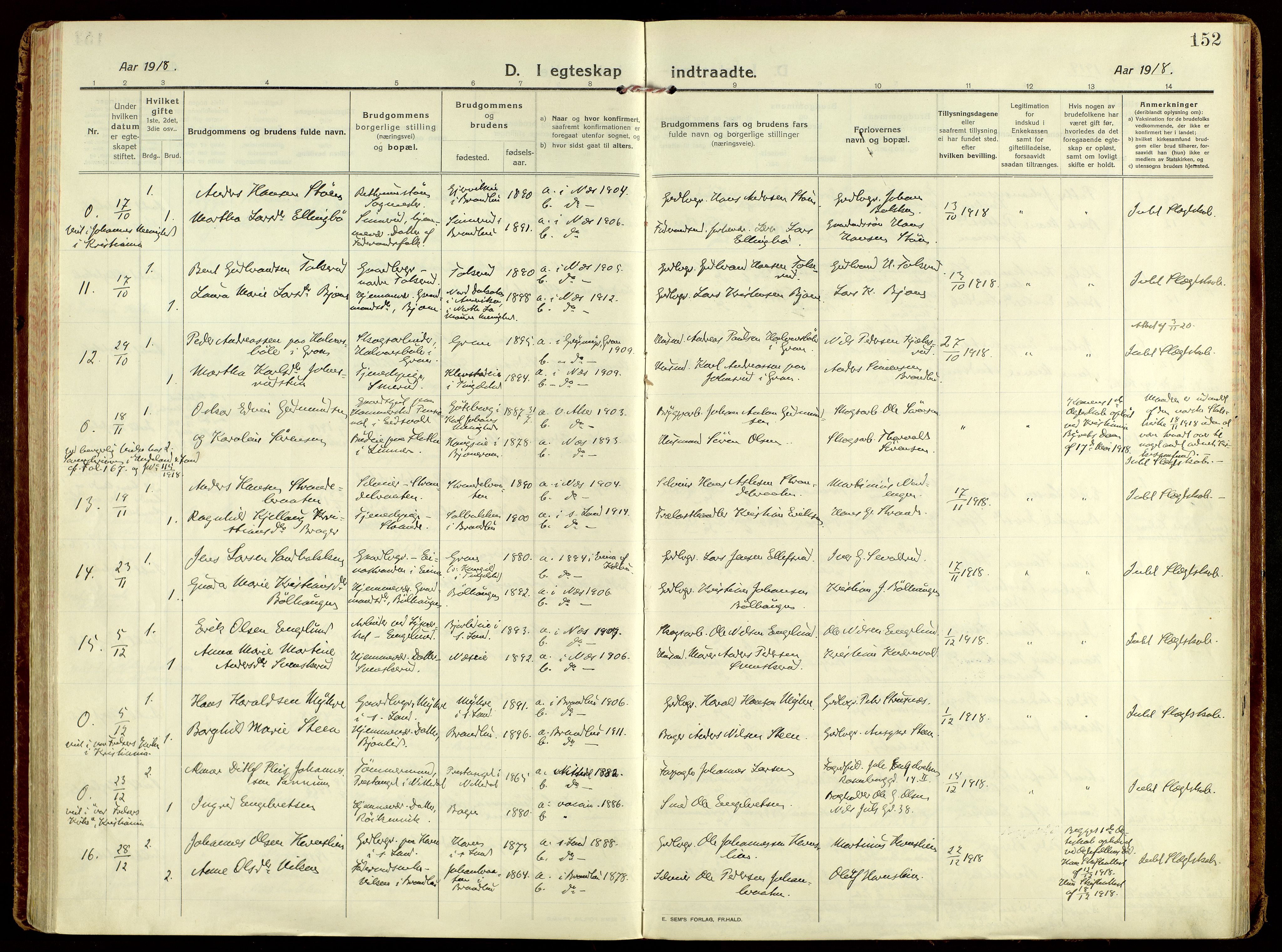 Brandbu prestekontor, AV/SAH-PREST-114/H/Ha/Haa/L0004: Parish register (official) no. 4, 1913-1923, p. 152