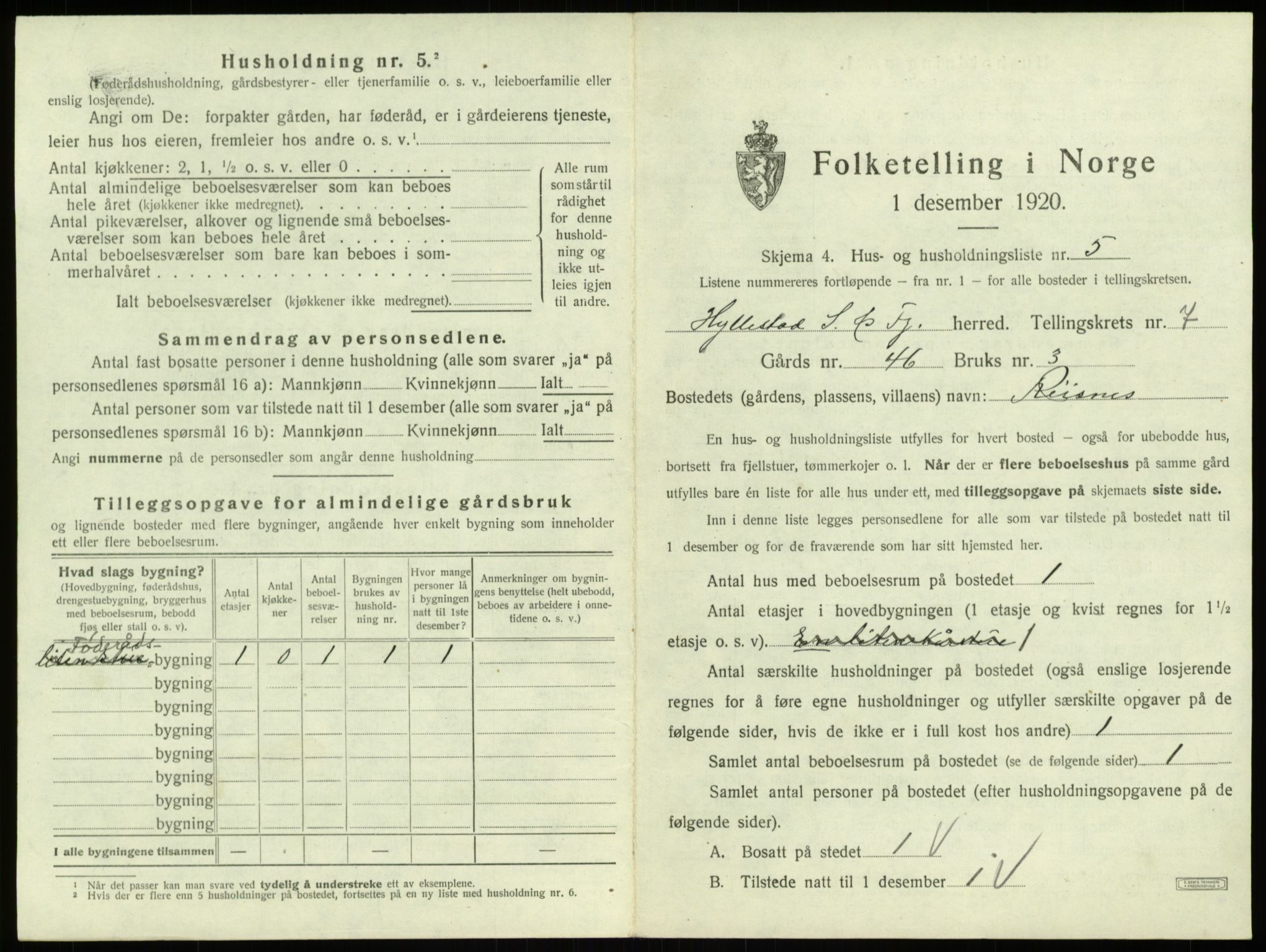 SAB, 1920 census for Hyllestad, 1920, p. 393