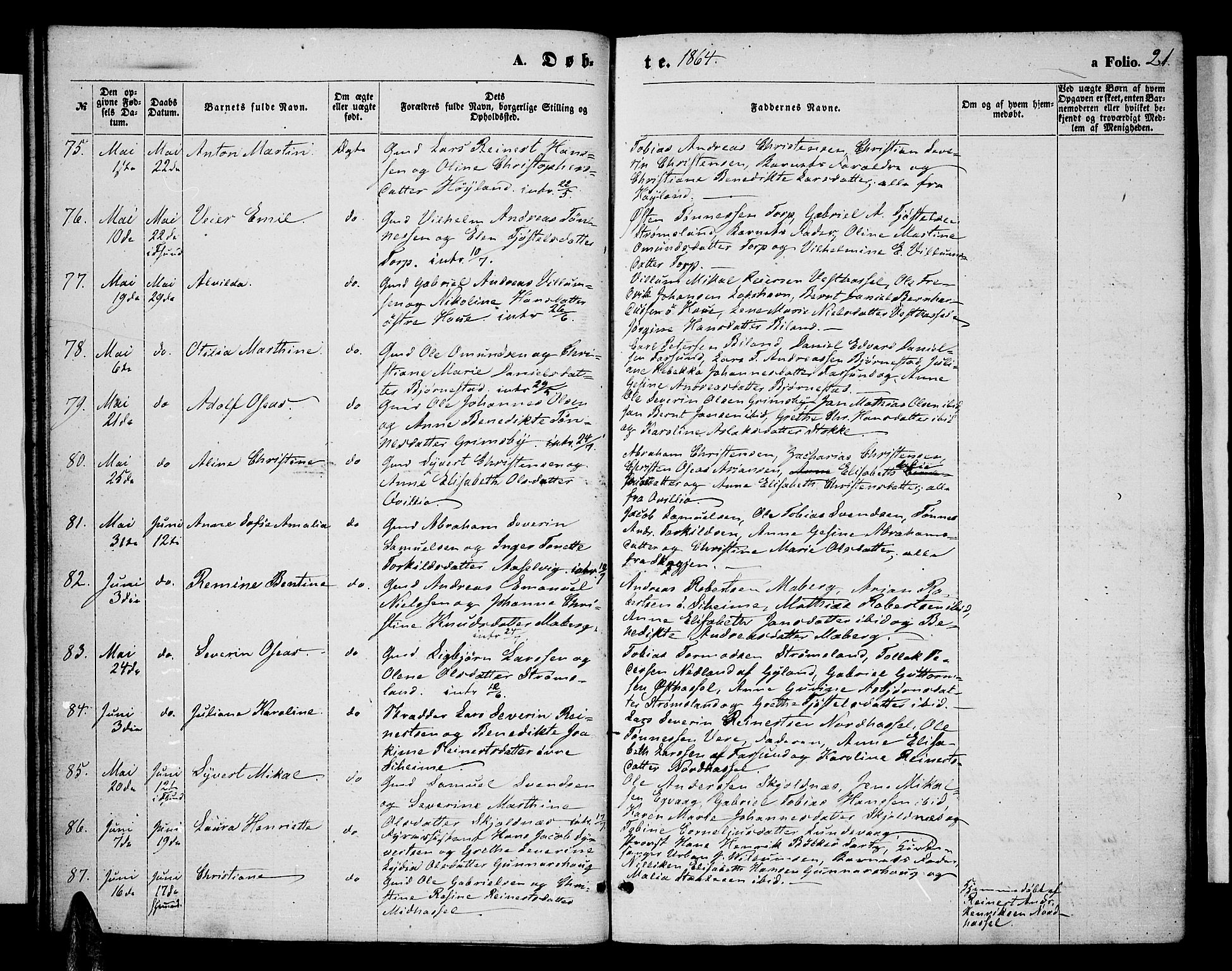 Lista sokneprestkontor, SAK/1111-0027/F/Fb/L0003: Parish register (copy) no. B 3, 1862-1877, p. 21