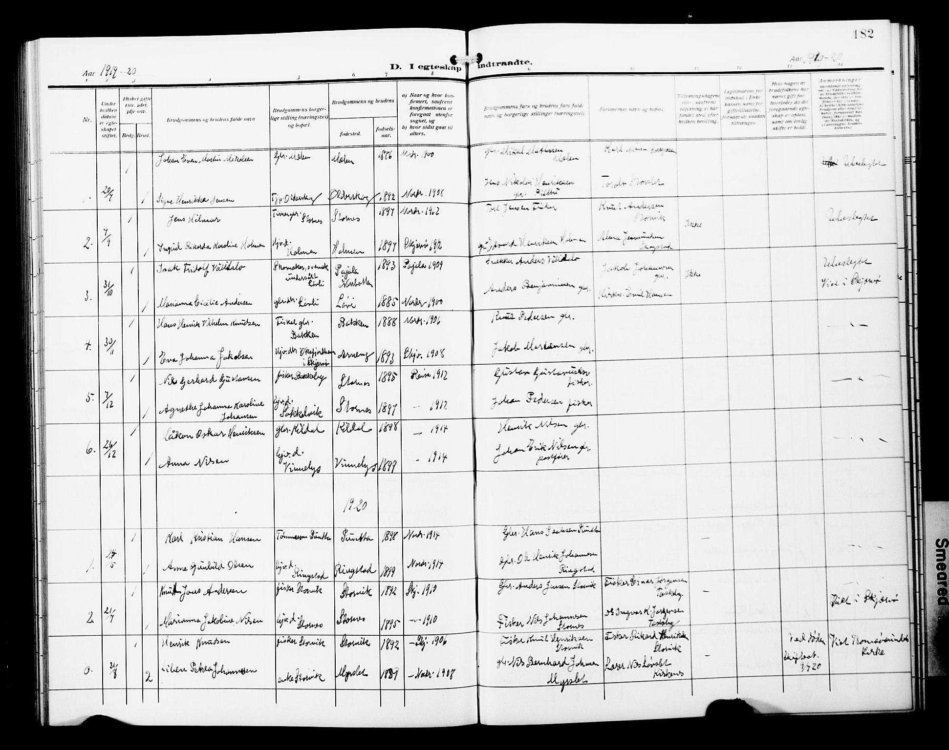 Skjervøy sokneprestkontor, AV/SATØ-S-1300/H/Ha/Hab/L0022klokker: Parish register (copy) no. 22, 1910-1926, p. 182