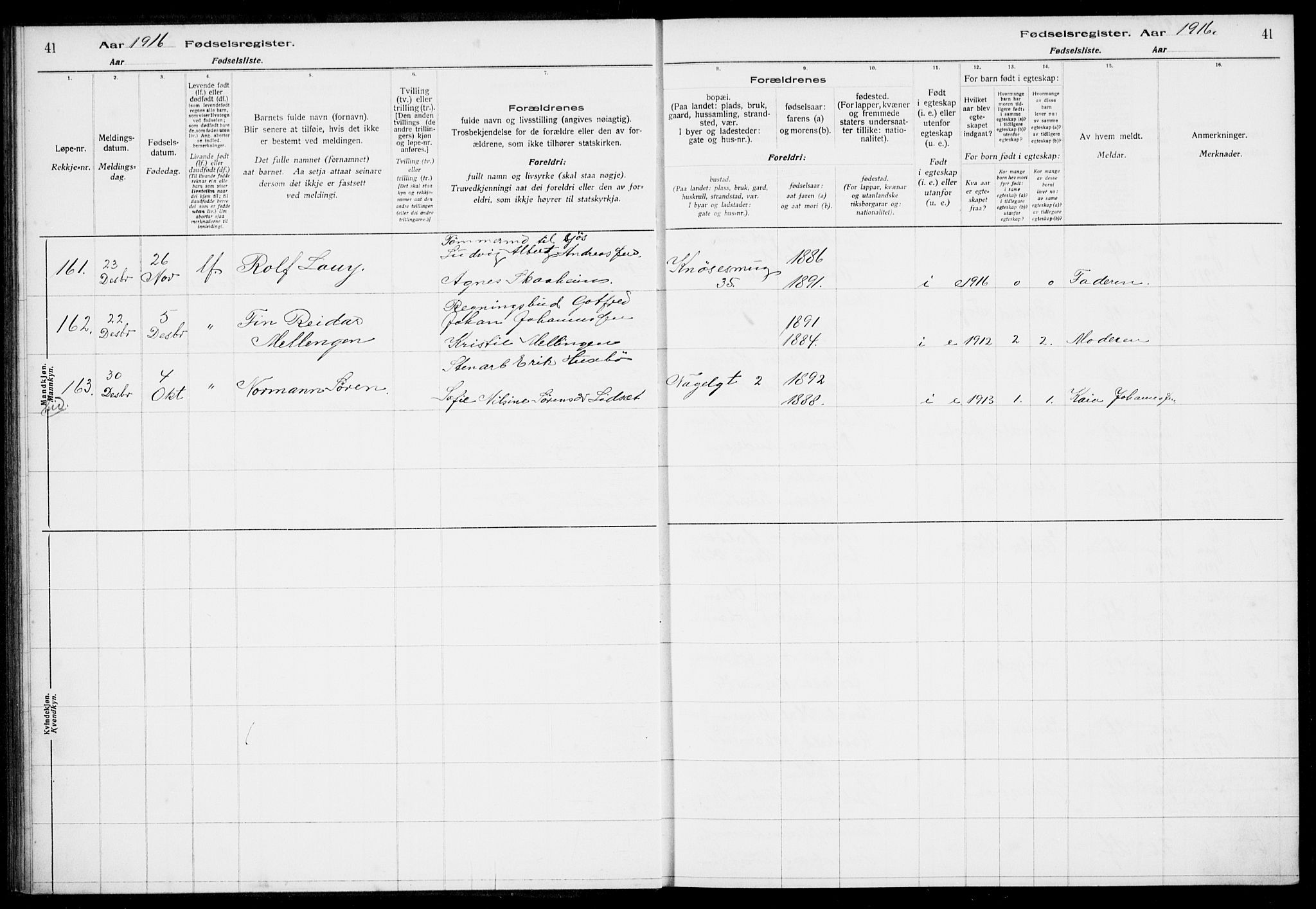 Nykirken Sokneprestembete, AV/SAB-A-77101/I/Id/L00A1: Birth register no. A 1, 1916-1922, p. 41