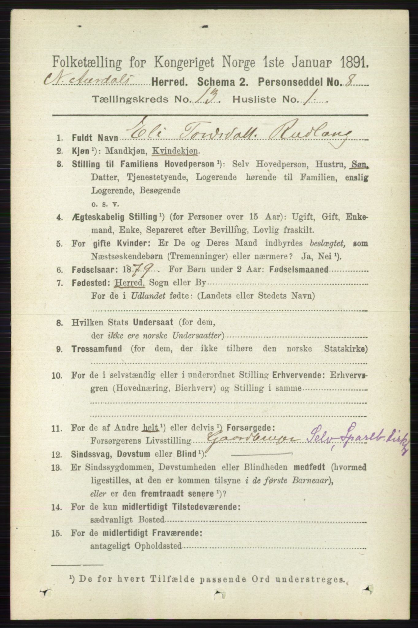 RA, 1891 census for 0542 Nord-Aurdal, 1891, p. 4768