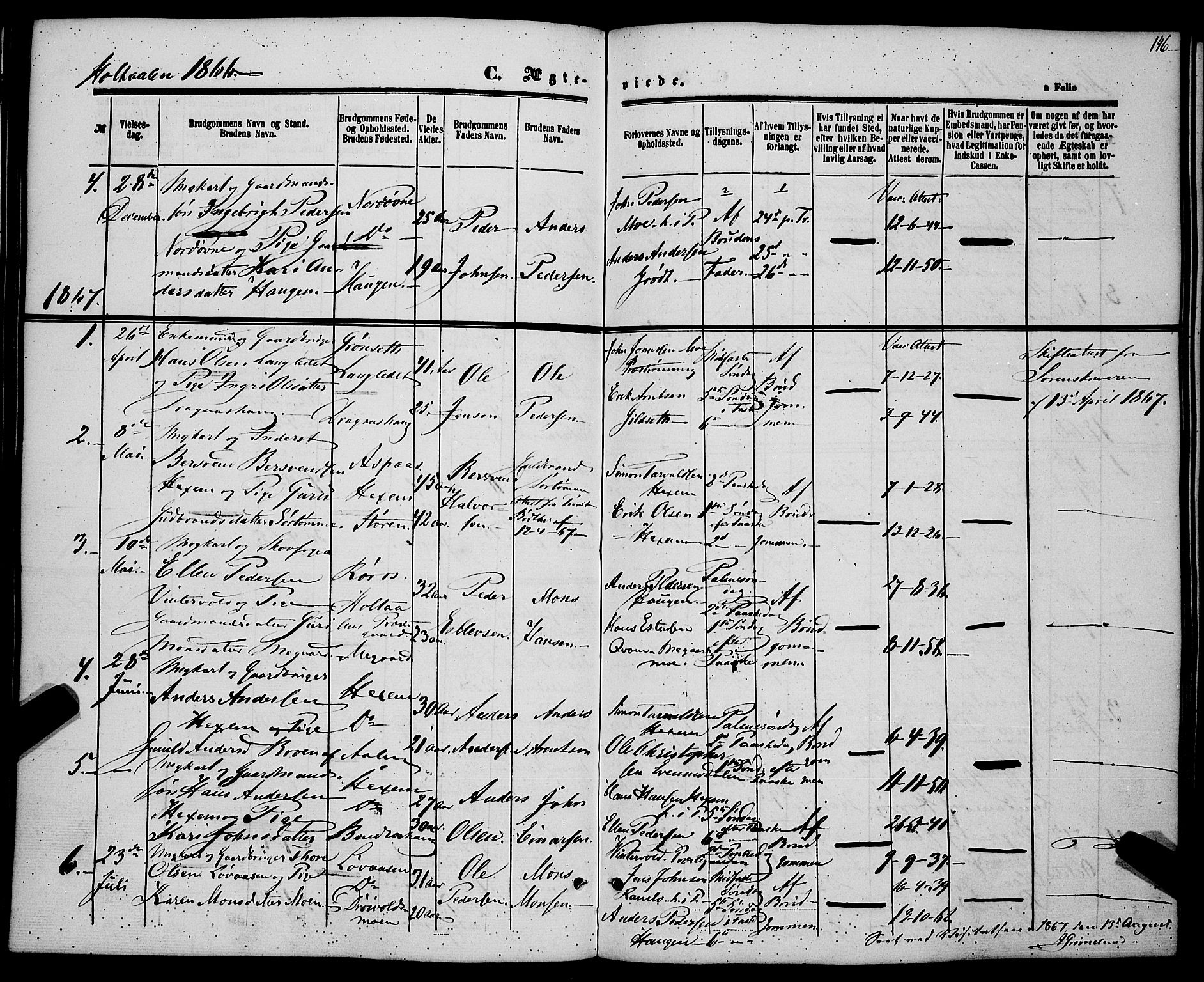 Ministerialprotokoller, klokkerbøker og fødselsregistre - Sør-Trøndelag, SAT/A-1456/685/L0966: Parish register (official) no. 685A07 /1, 1860-1869, p. 146