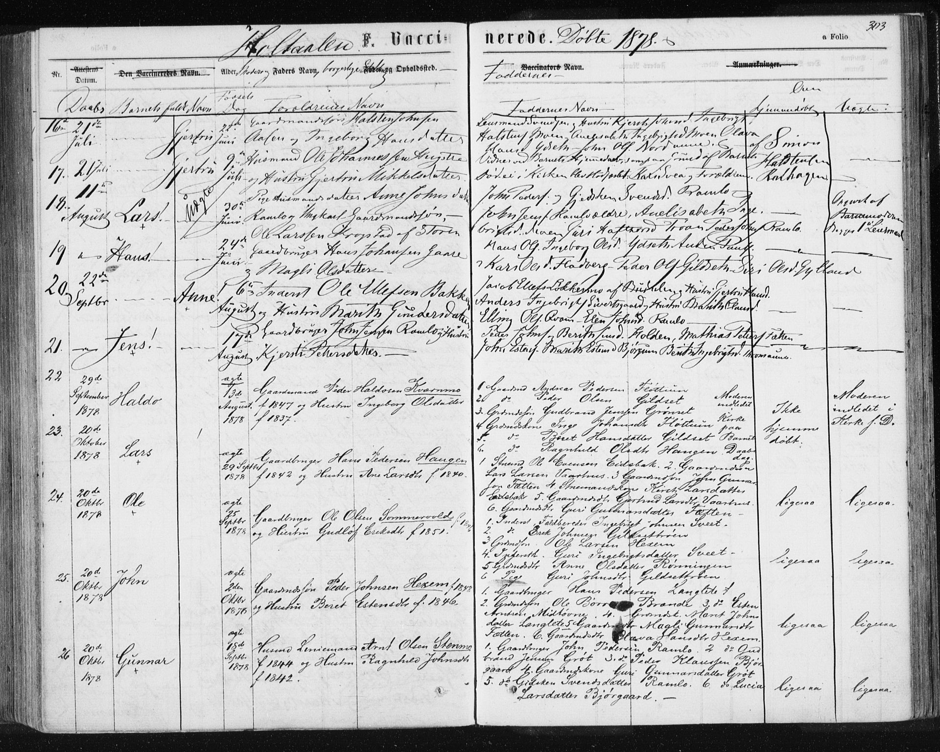 Ministerialprotokoller, klokkerbøker og fødselsregistre - Sør-Trøndelag, SAT/A-1456/685/L0969: Parish register (official) no. 685A08 /1, 1870-1878, p. 303